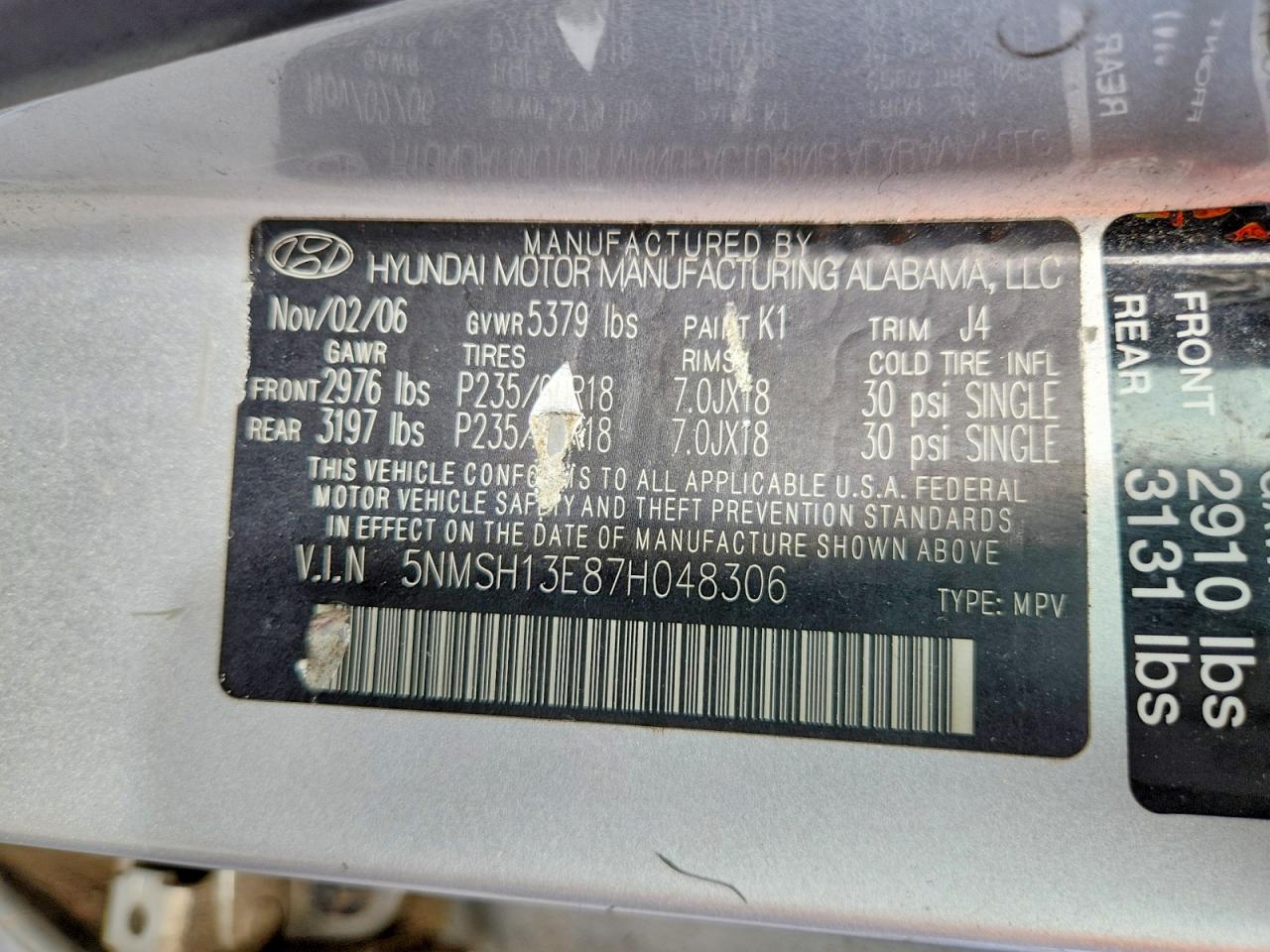 2007 Hyundai Santa Fe Se Silver vin: 5NMSH13E87H048306