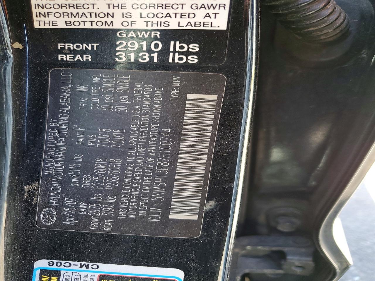 2007 Hyundai Santa Fe Se Black vin: 5NMSH13E87H100744