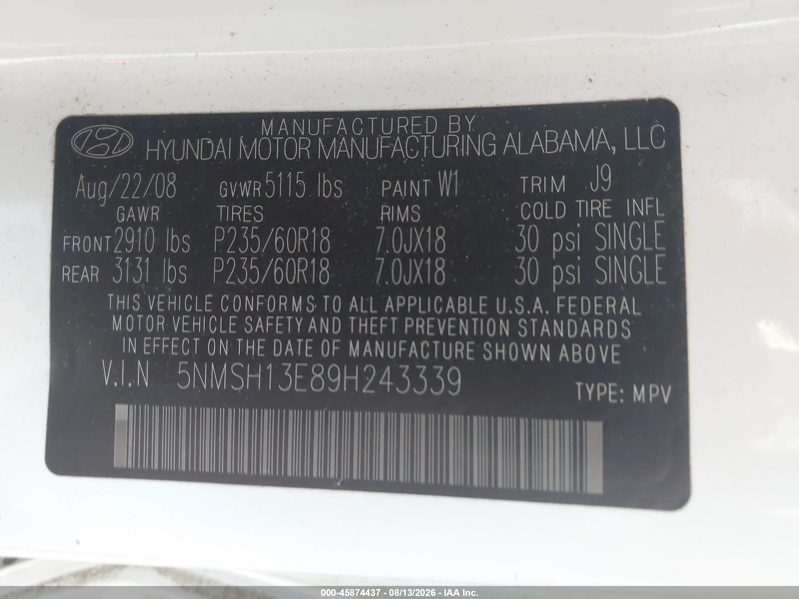 2009 Hyundai Santa Fe Limited White vin: 5NMSH13E89H243339
