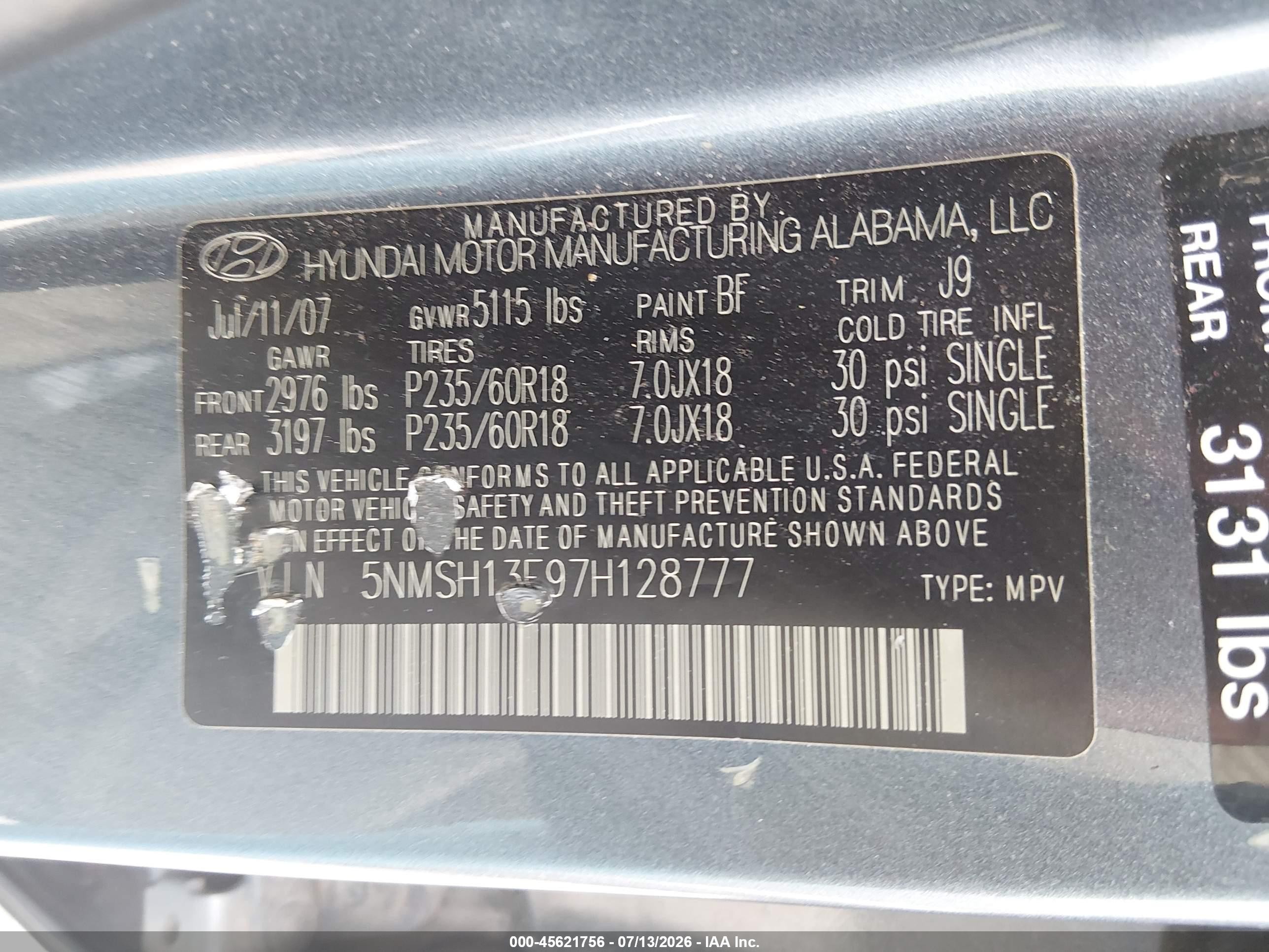2007 Hyundai Santa Fe Limited/se Blue vin: 5NMSH13E97H128777
