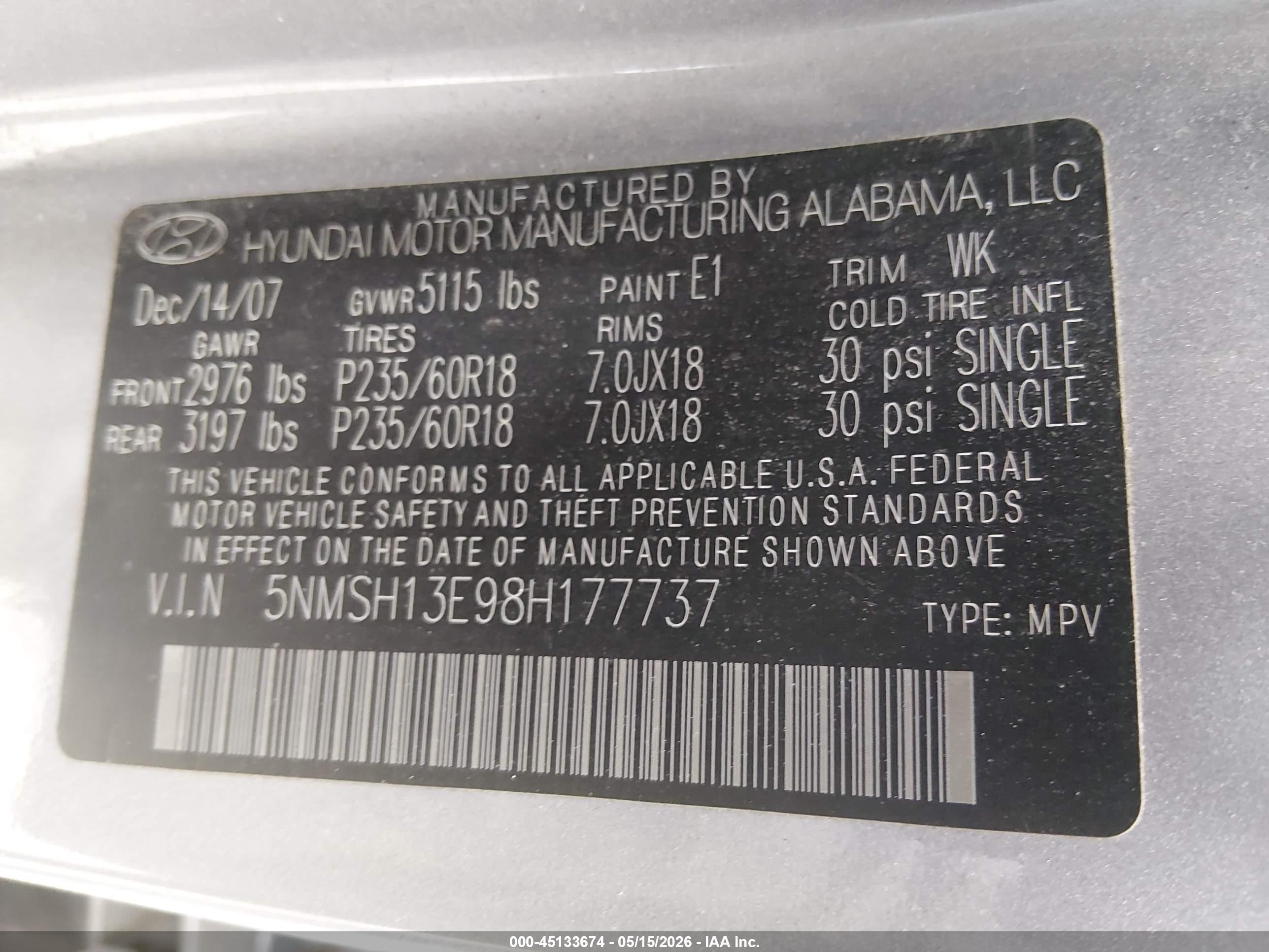 2008 Hyundai Santa Fe Limited/se Silver vin: 5NMSH13E98H177737