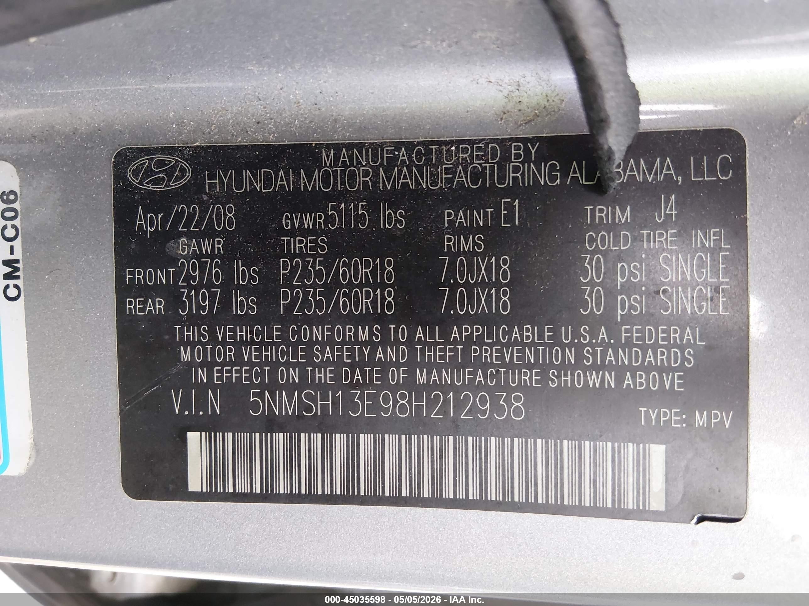 2008 Hyundai Santa Fe Limited/se Gray vin: 5NMSH13E98H212938