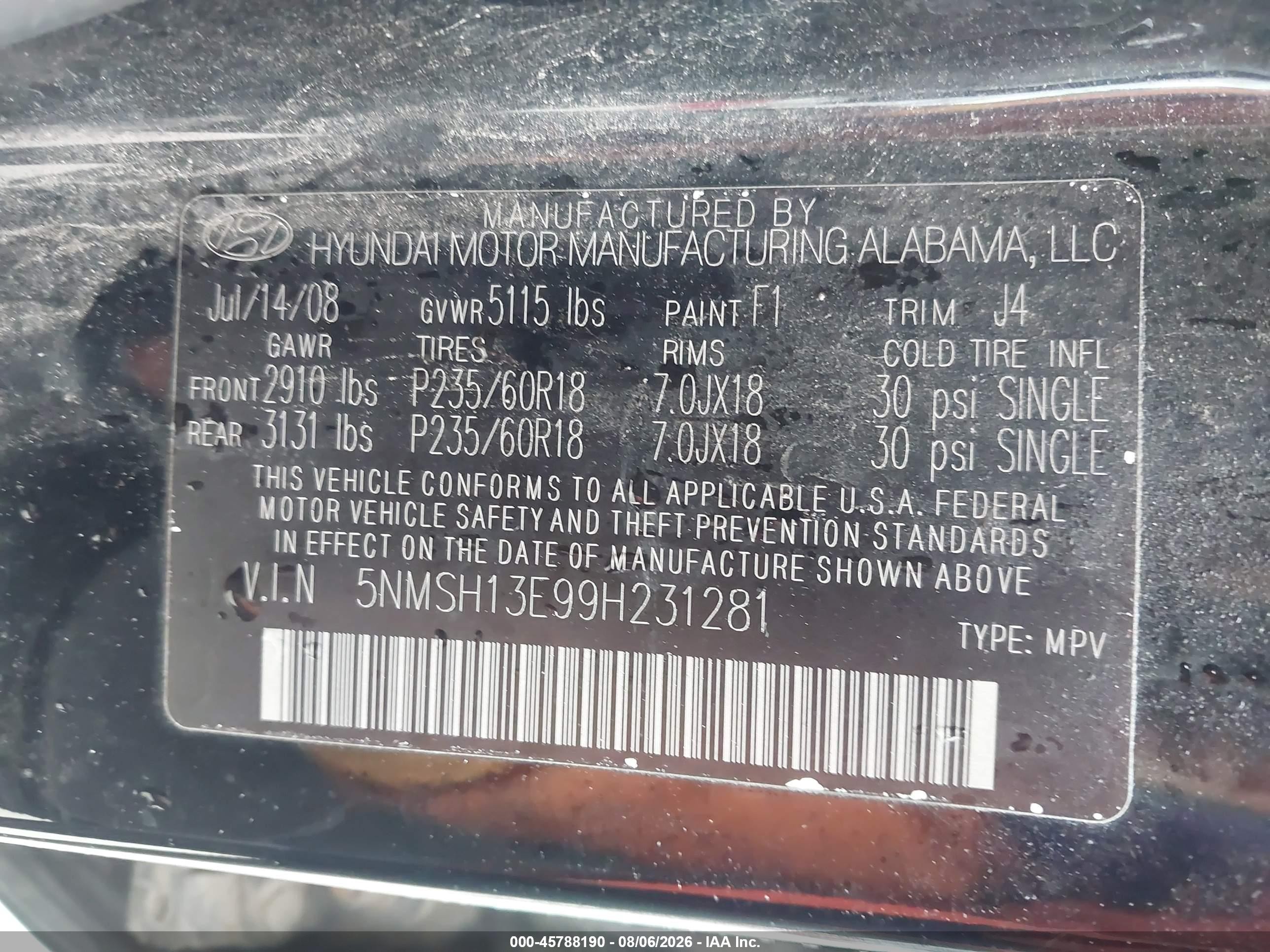 2009 Hyundai Santa Fe Se Black vin: 5NMSH13E99H231281
