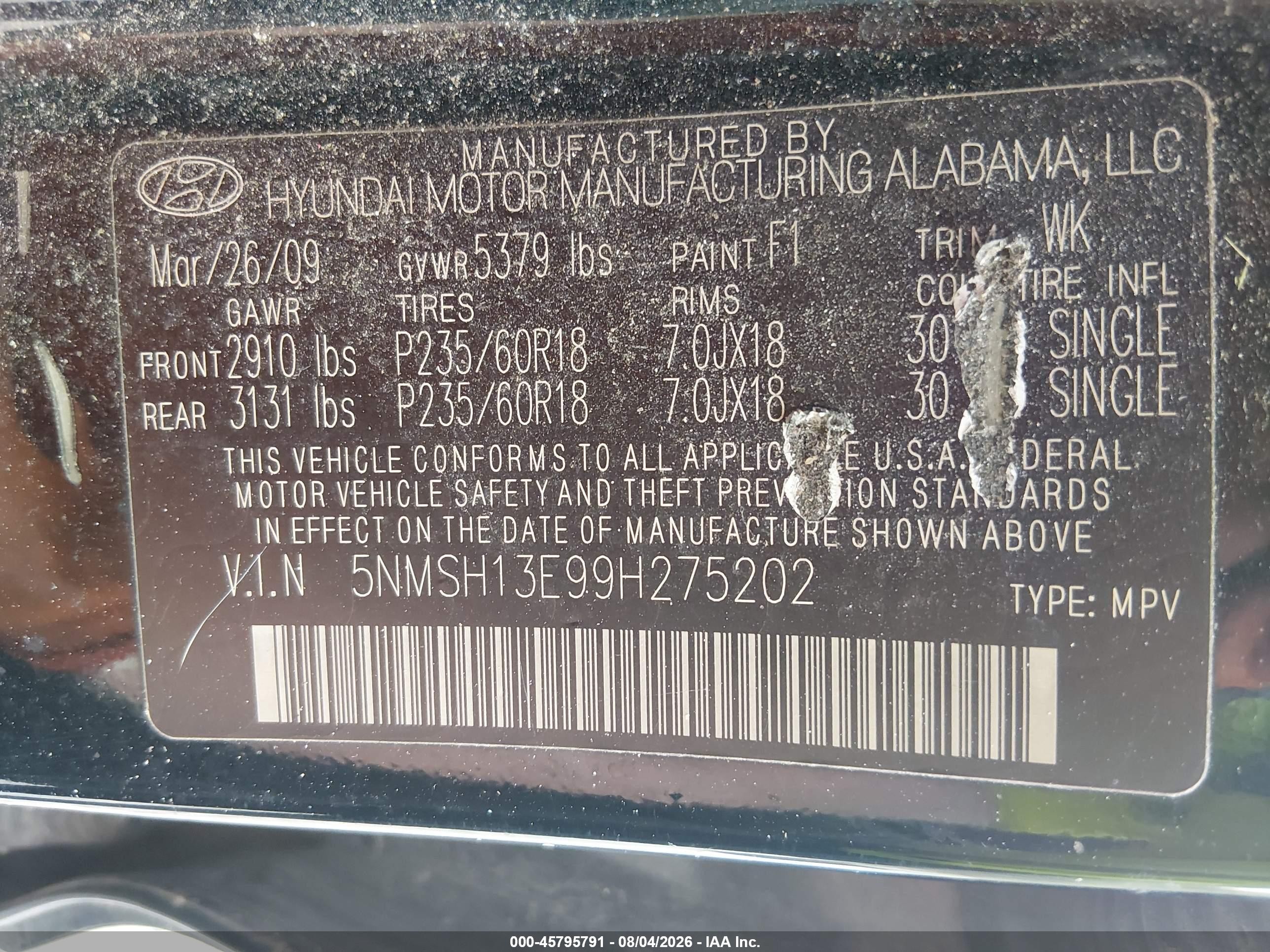 2009 Hyundai Santa Fe Limited Black vin: 5NMSH13E99H275202