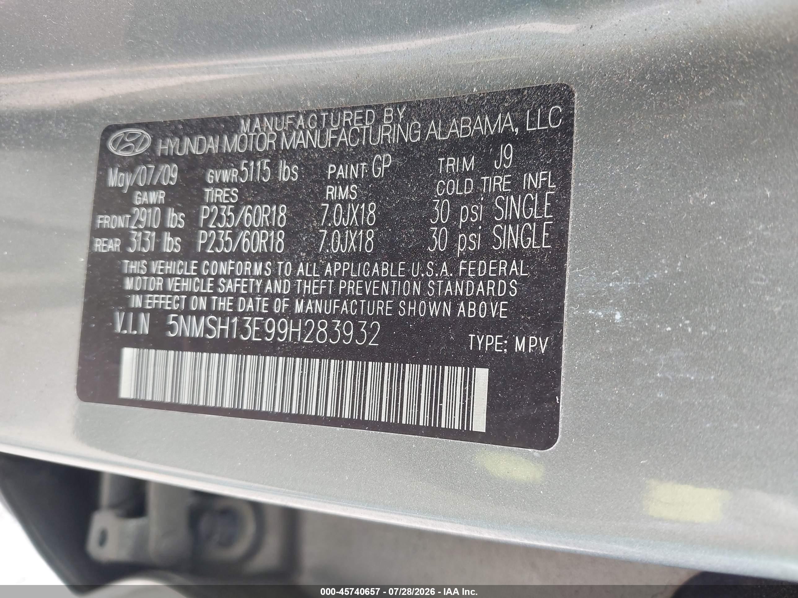 2009 Hyundai Santa Fe Limited Green vin: 5NMSH13E99H283932