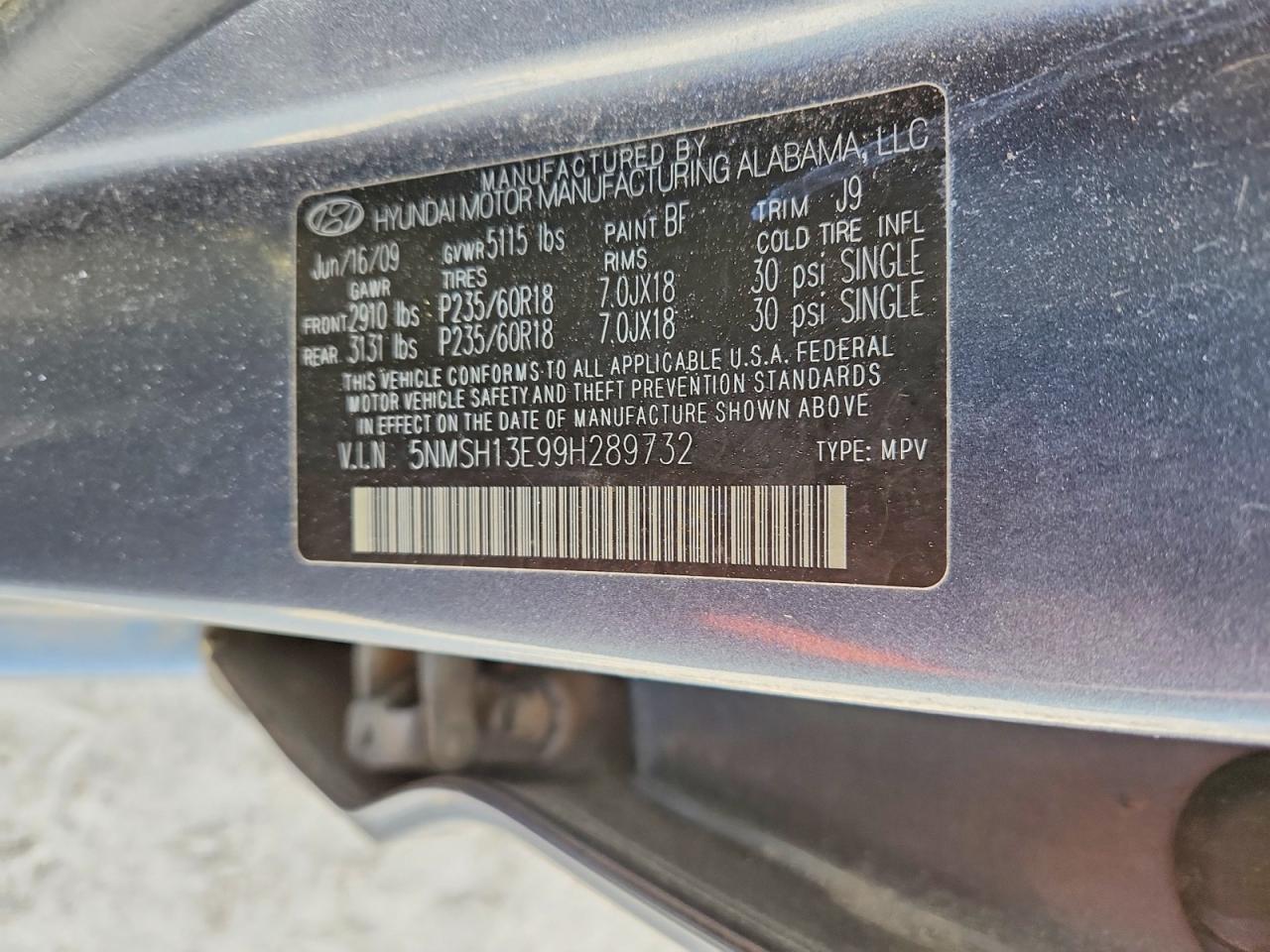 2009 Hyundai Santa Fe Limited Charcoal vin: 5NMSH13E99H289732