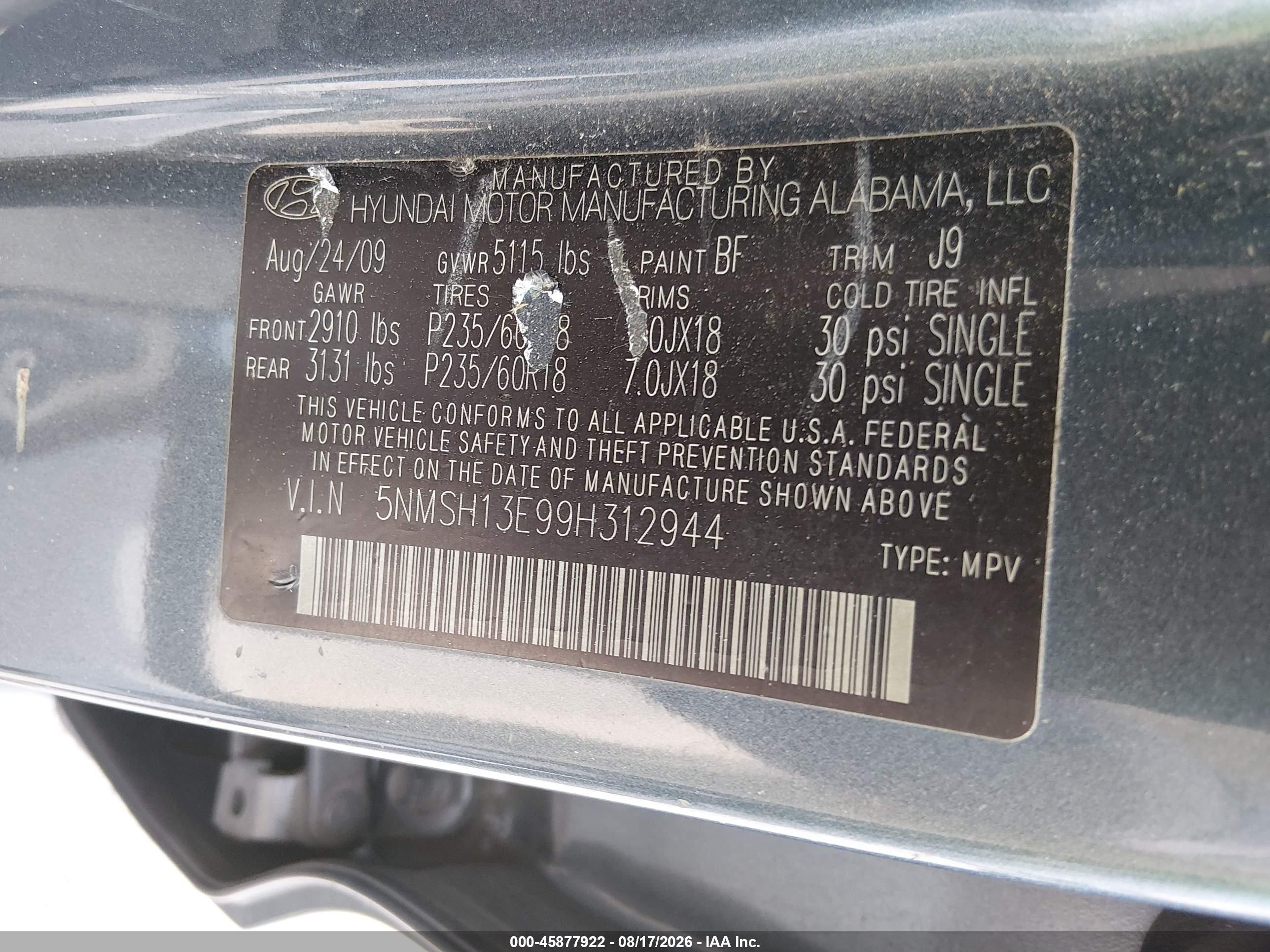 2009 Hyundai Santa Fe Limited Синий vin: 5NMSH13E99H312944