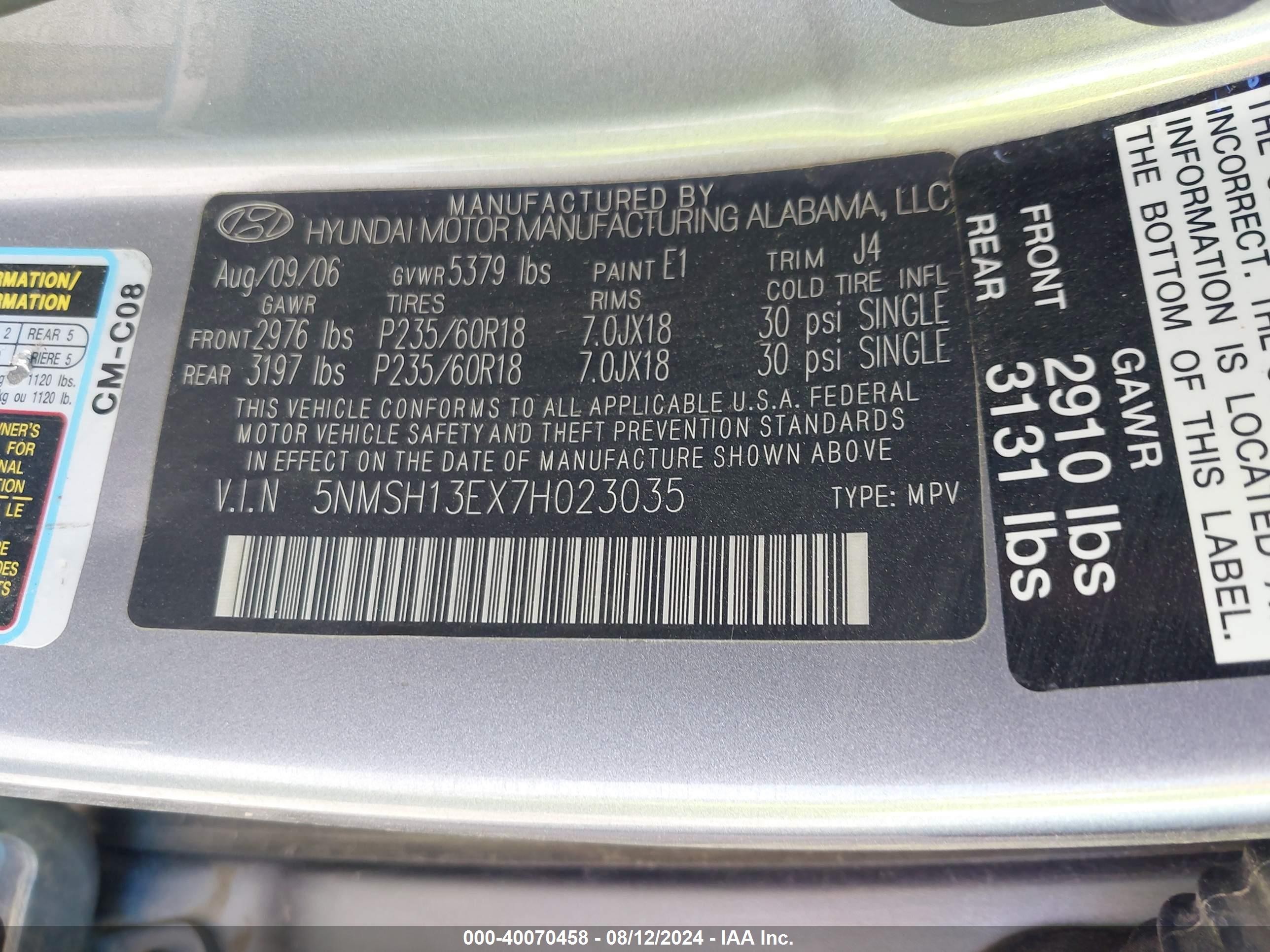 2007 Hyundai Santa Fe Limited/se Silver vin: 5NMSH13EX7H023035