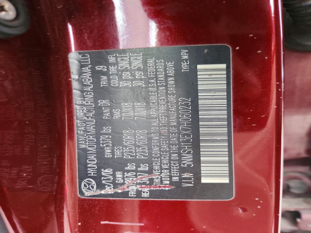 2007 Hyundai Santa Fe Se Burgundy vin: 5NMSH13EX7H060232