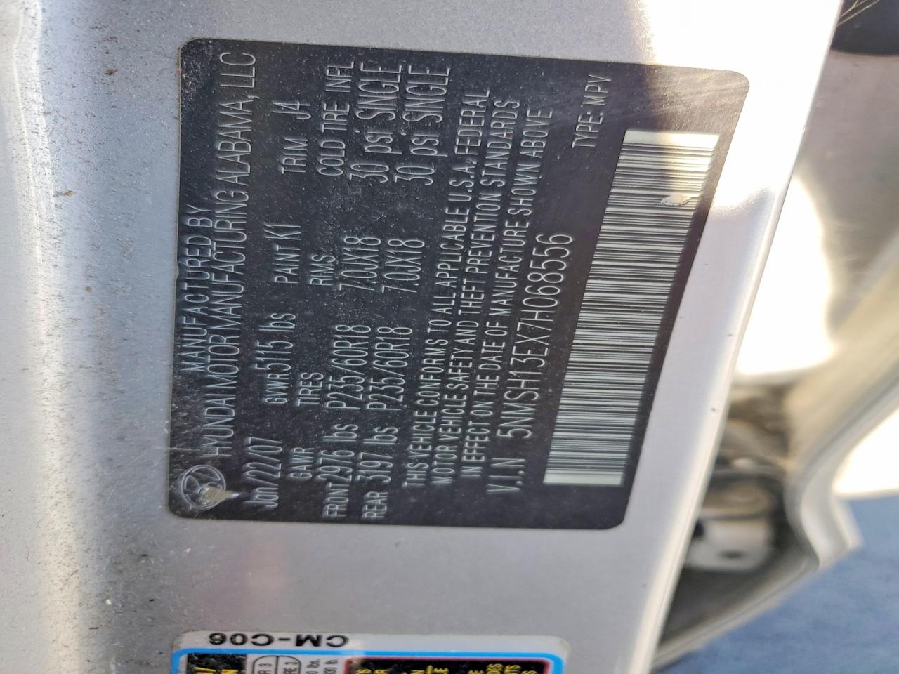 2007 Hyundai Santa Fe Se Silver vin: 5NMSH13EX7H068556
