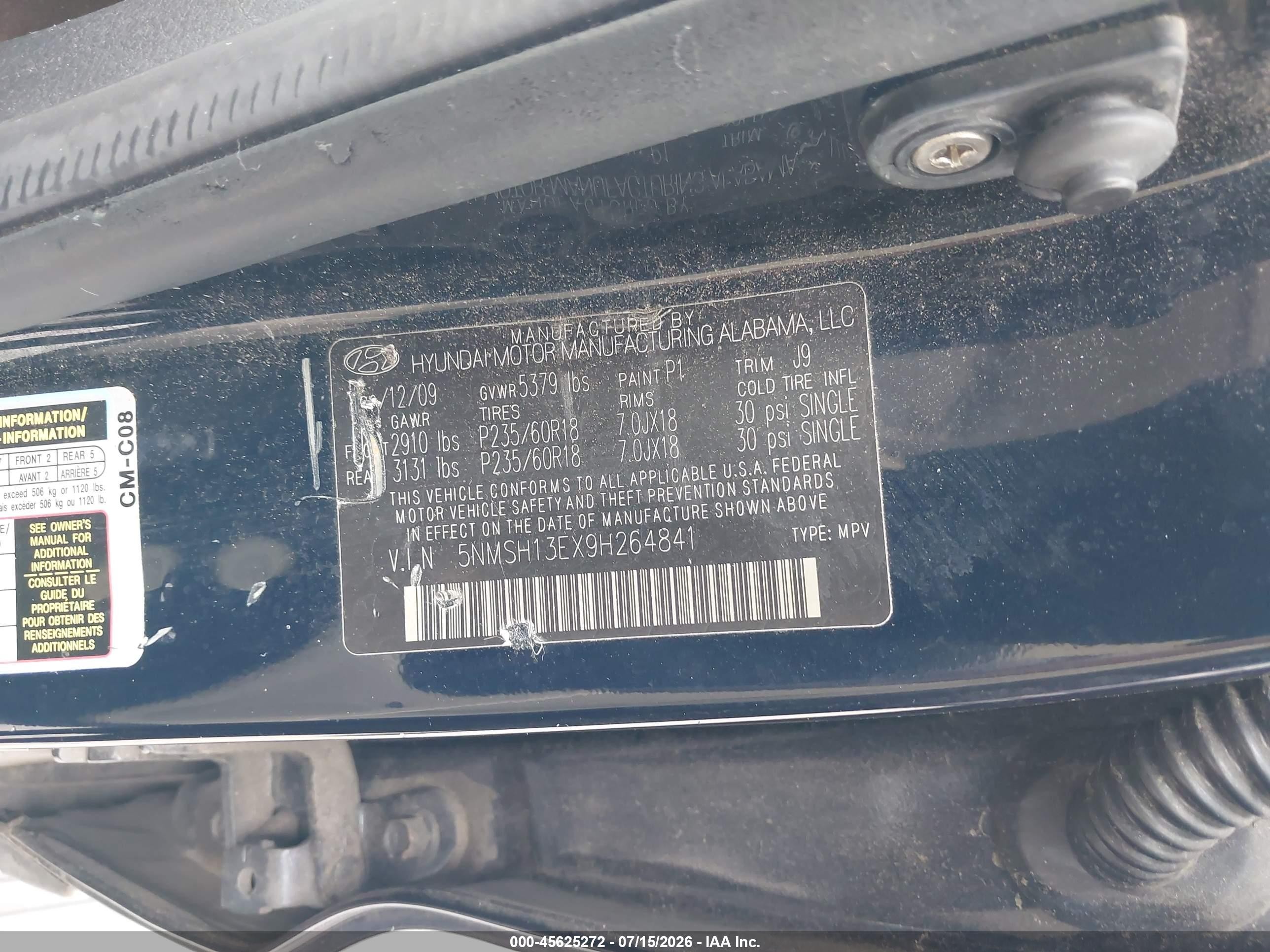 2009 Hyundai Santa Fe Limited Blue vin: 5NMSH13EX9H264841