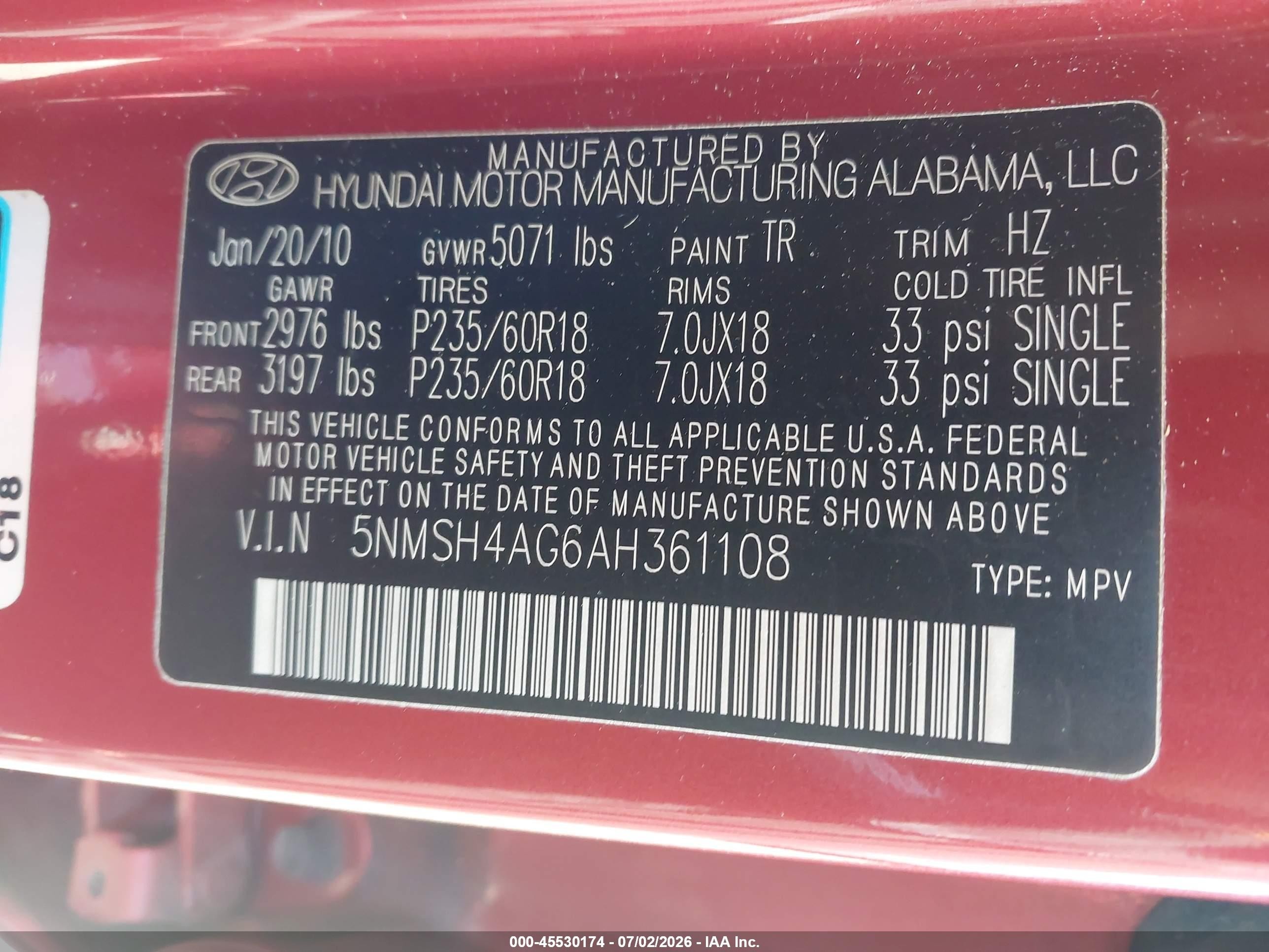 2010 Hyundai Santa Fe Se Red vin: 5NMSH4AG6AH361108
