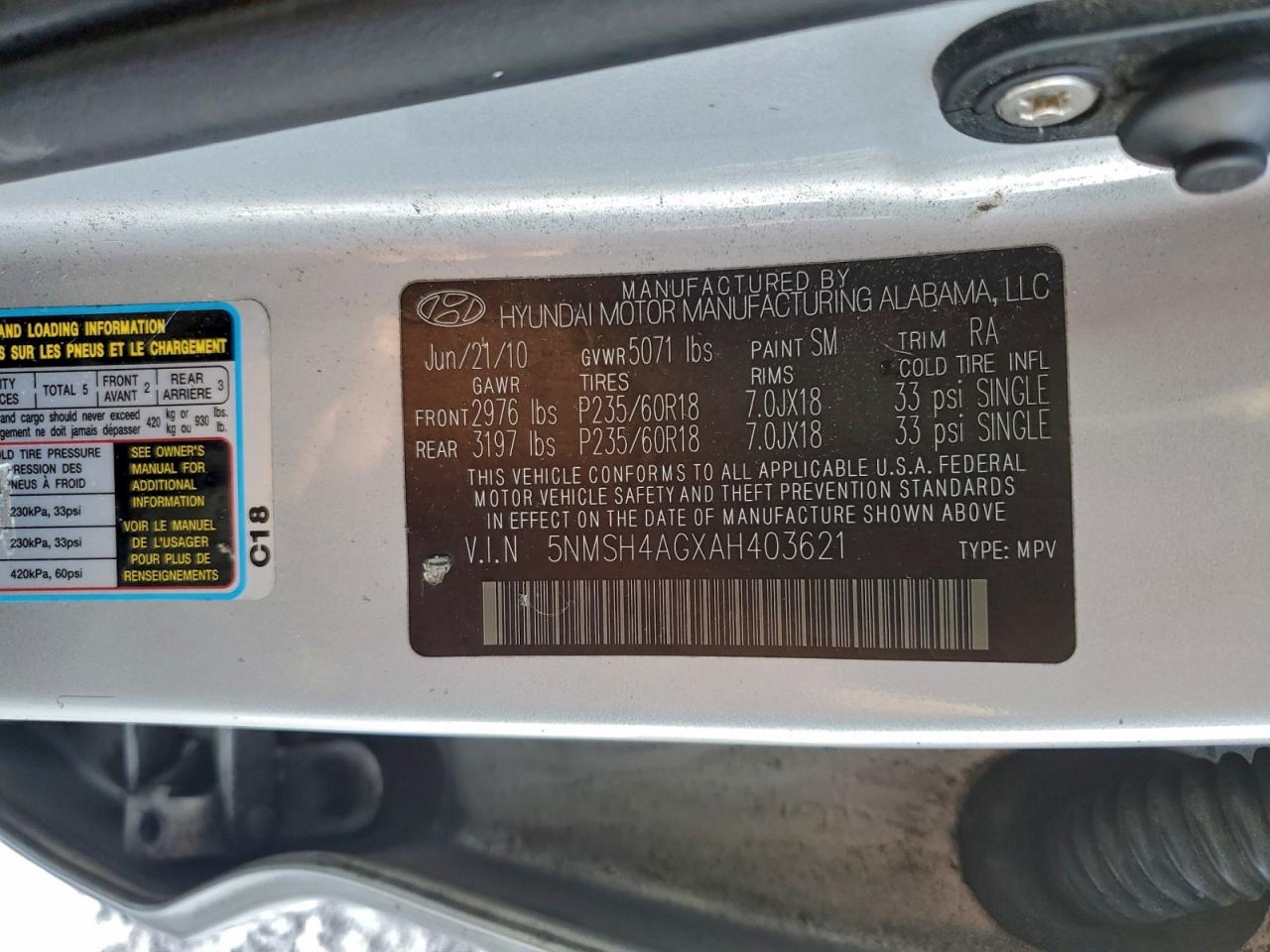 2010 Hyundai Santa Fe Se Silver vin: 5NMSH4AGXAH403621