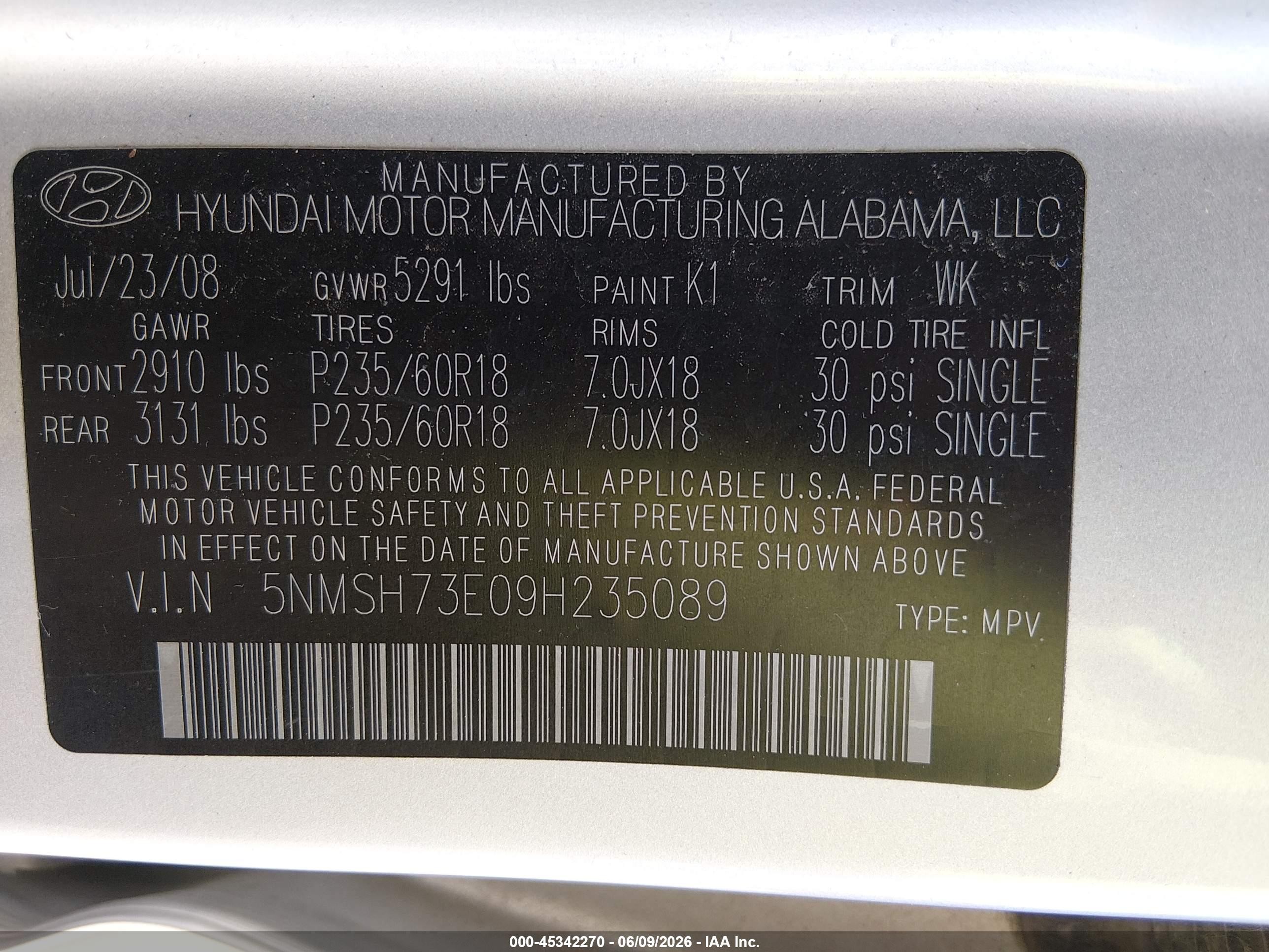 2009 Hyundai Santa Fe Limited Silver vin: 5NMSH73E09H235089