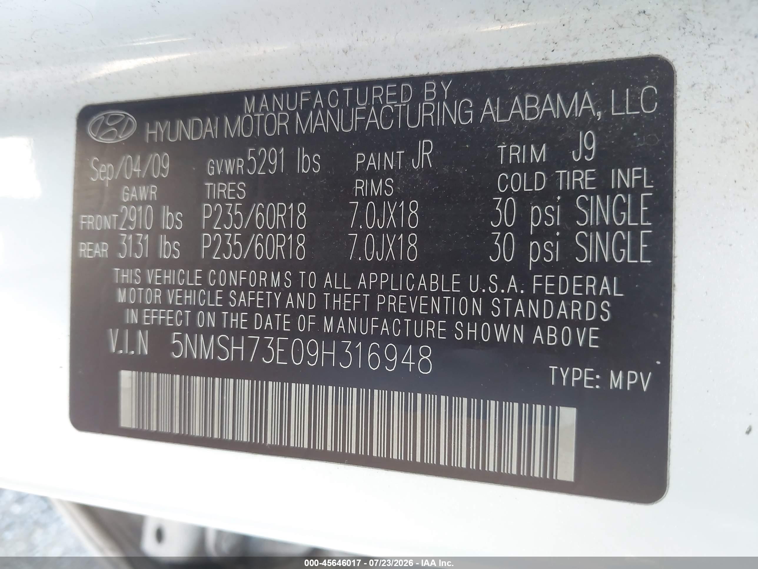 2009 Hyundai Santa Fe Se White vin: 5NMSH73E09H316948