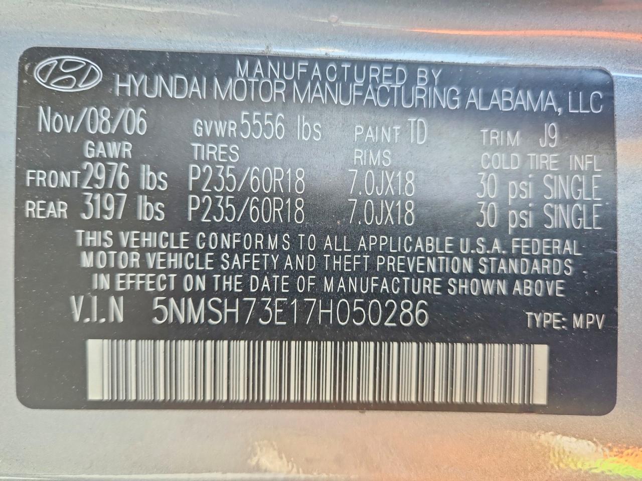 2007 Hyundai Santa Fe Se Green vin: 5NMSH73E17H050286