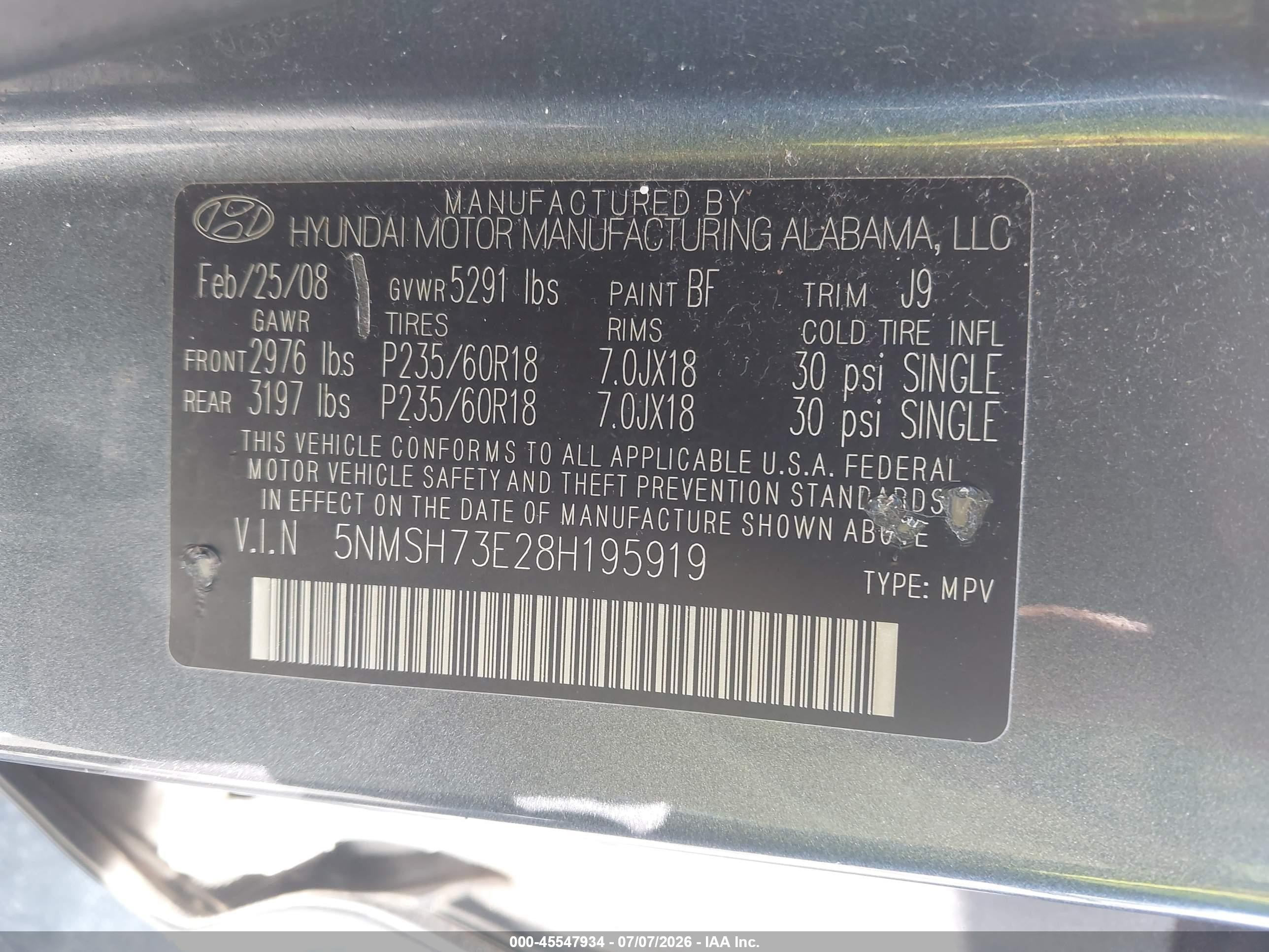 2008 Hyundai Santa Fe Limited/se Blue vin: 5NMSH73E28H195919