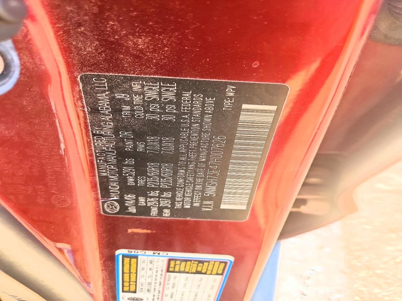 2007 Hyundai Santa Fe Se Red vin: 5NMSH73E47H007626