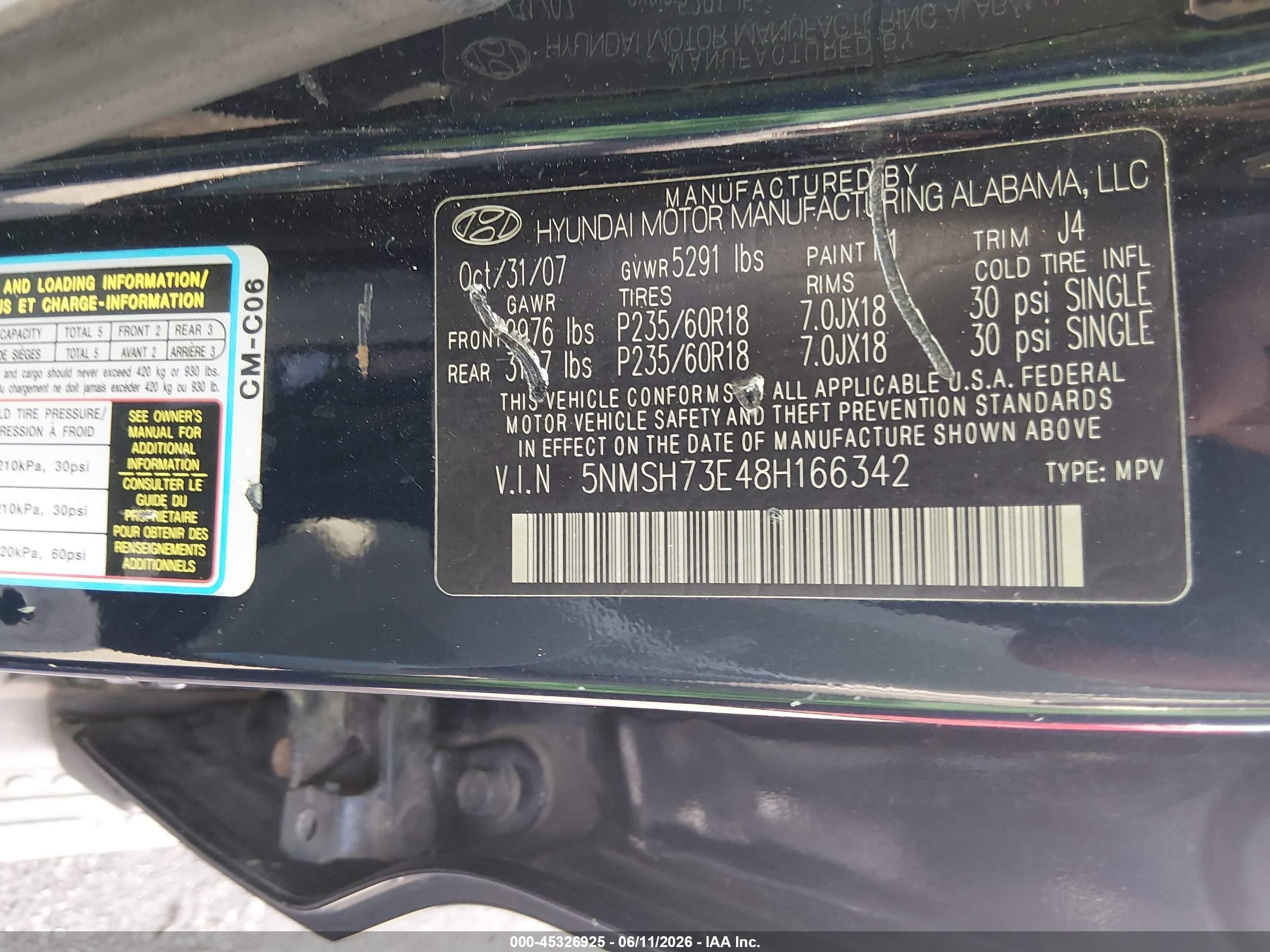2008 Hyundai Santa Fe Limited/se Blue vin: 5NMSH73E48H166342