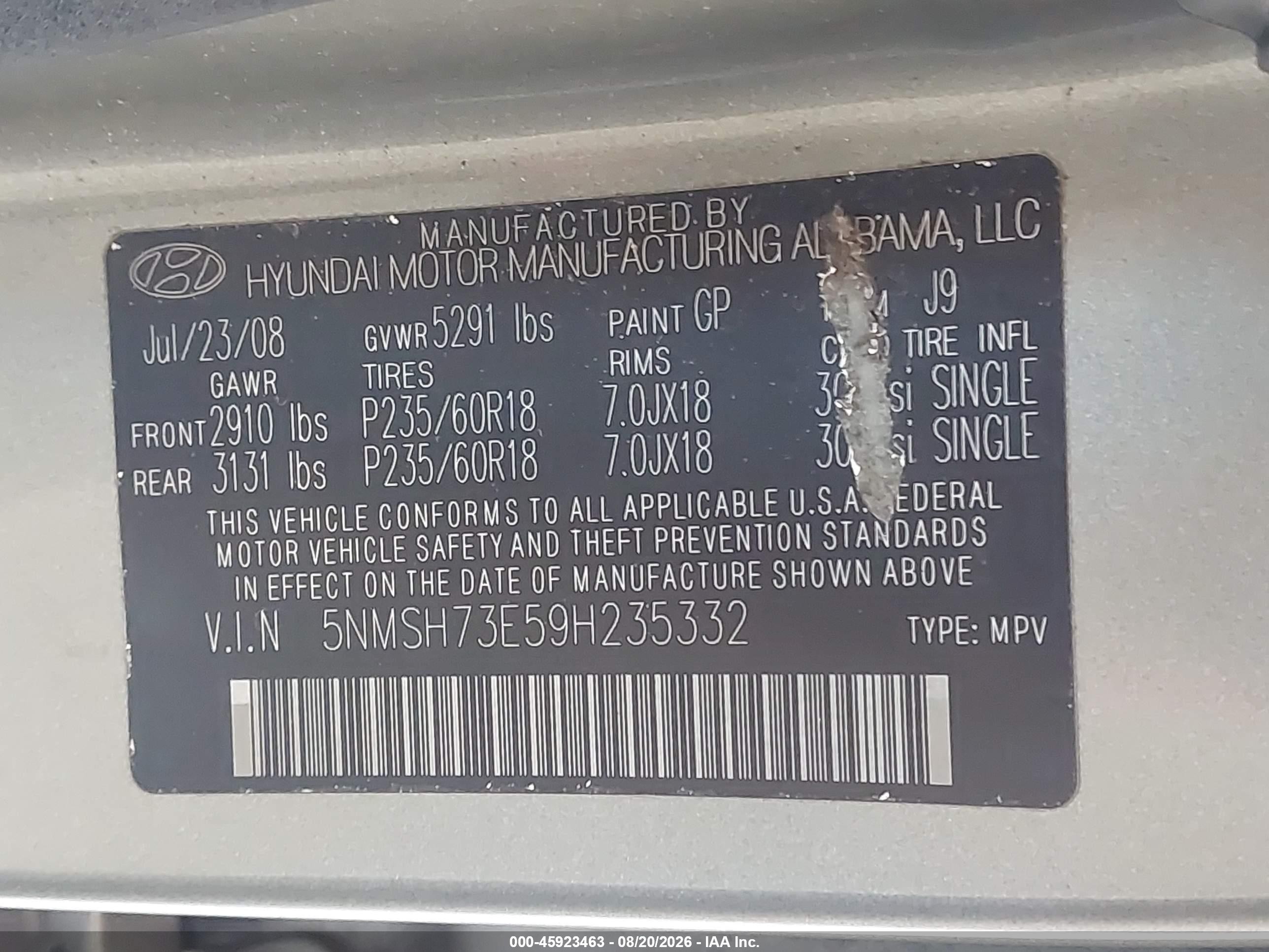 2009 Hyundai Santa Fe Se Gray vin: 5NMSH73E59H235332