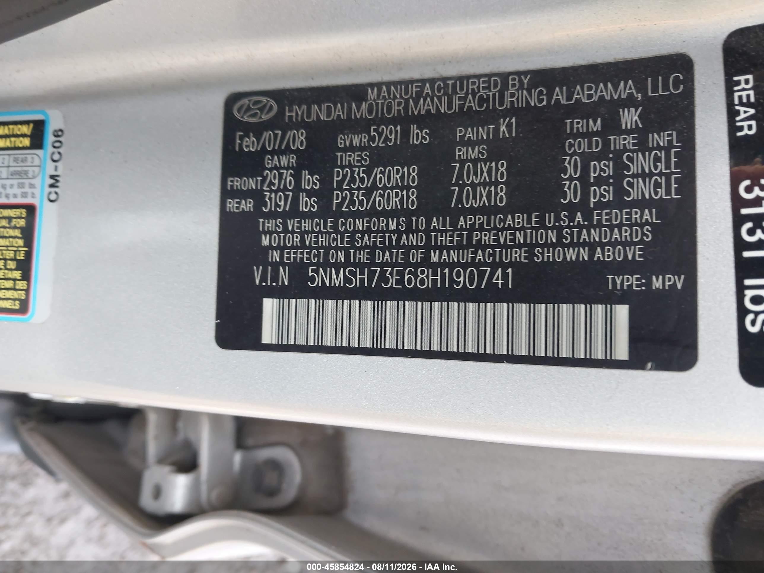 2008 Hyundai Santa Fe Limited/se Silver vin: 5NMSH73E68H190741