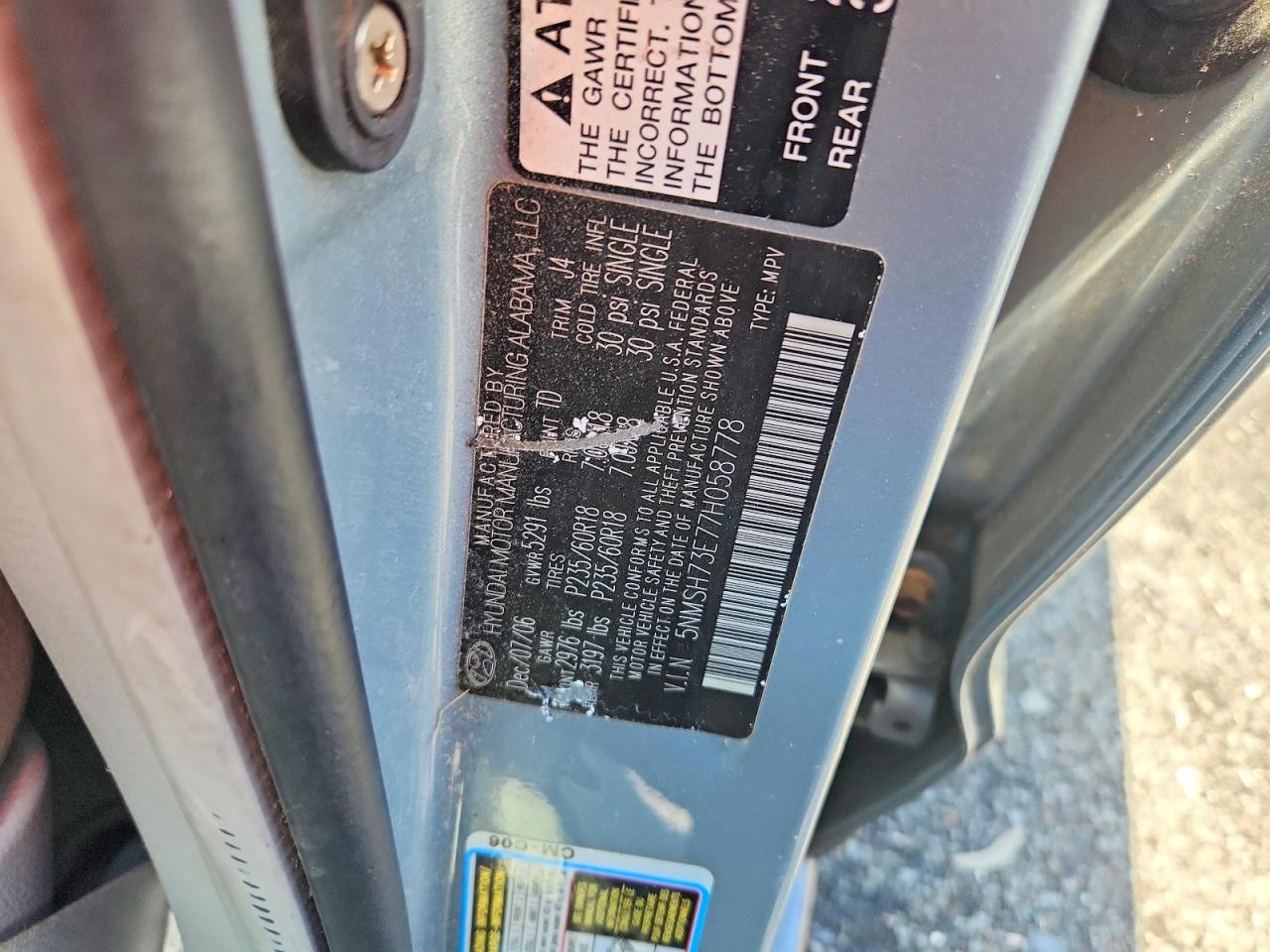 2007 Hyundai Santa Fe Se Gray vin: 5NMSH73E77H058778