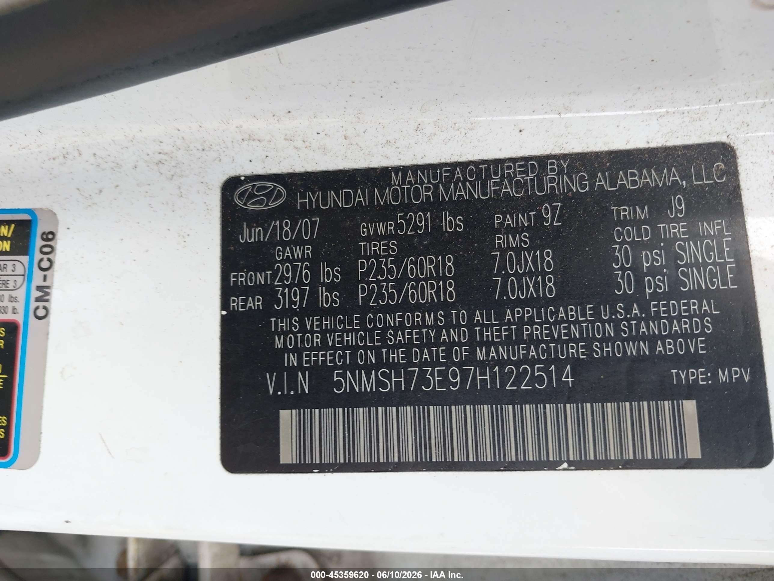 2007 Hyundai Santa Fe Limited/se White vin: 5NMSH73E97H122514