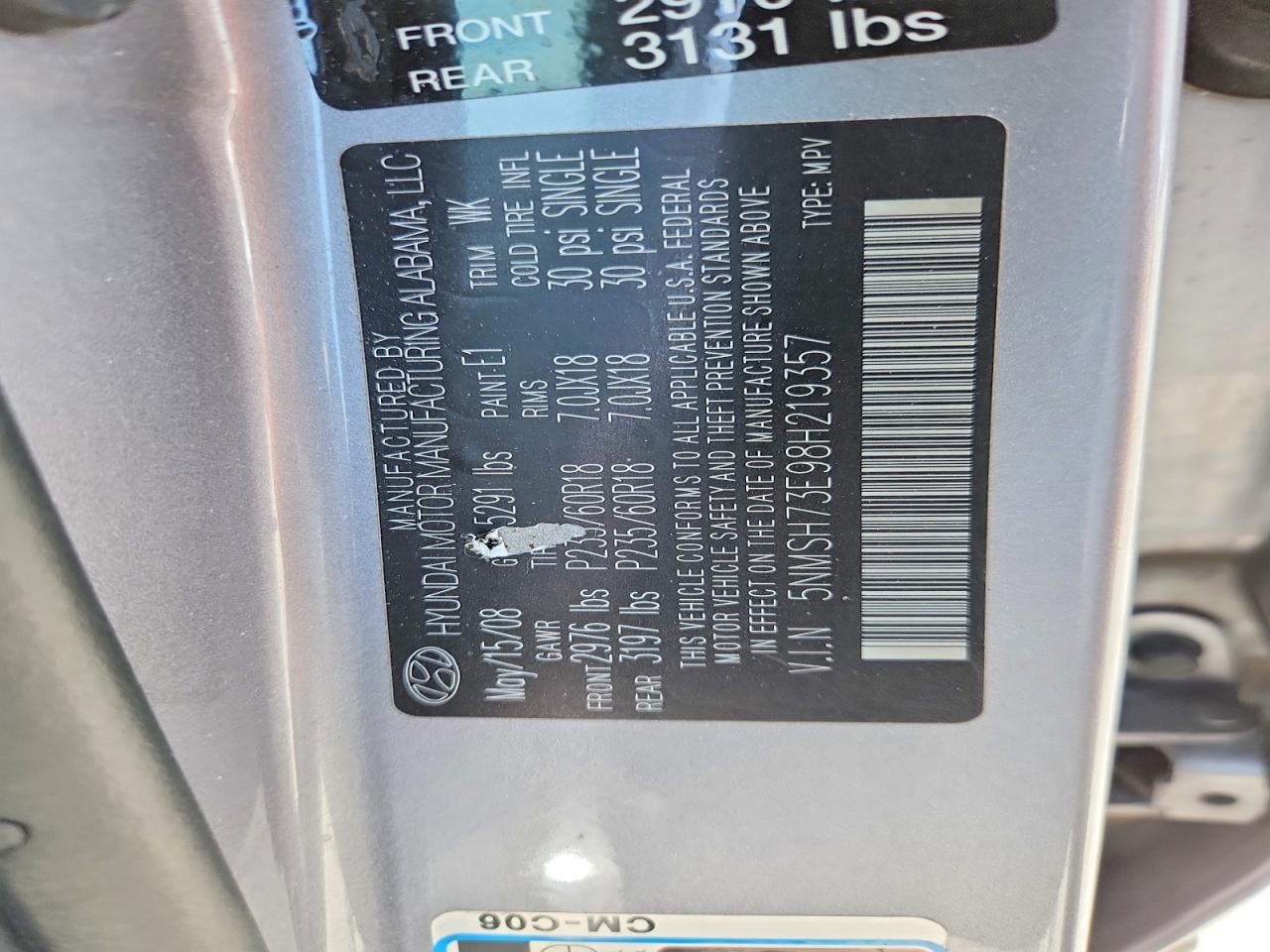 2008 Hyundai Santa Fe Se Silver vin: 5NMSH73E98H219357