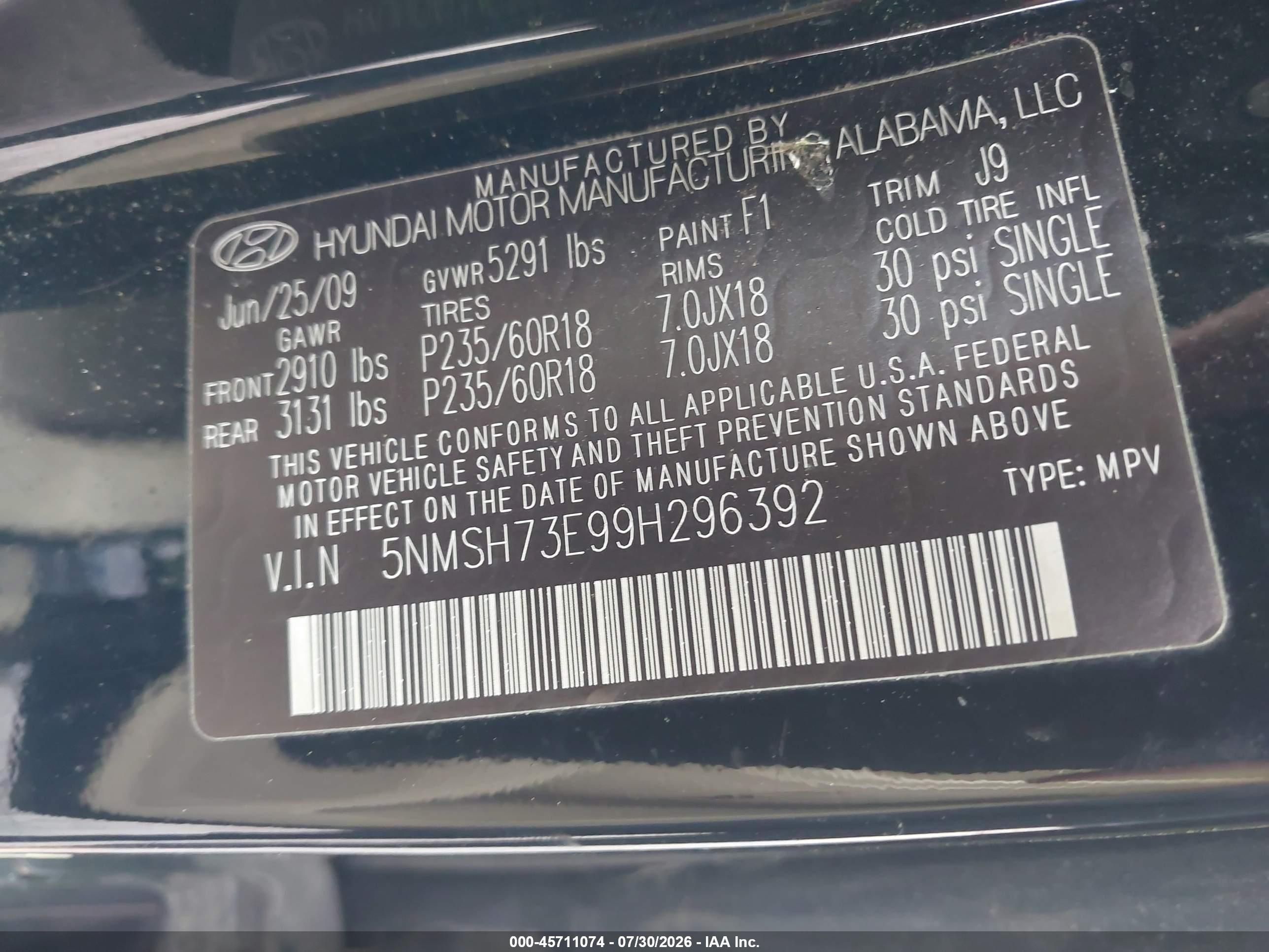 2009 Hyundai Santa Fe Limited Black vin: 5NMSH73E99H296392
