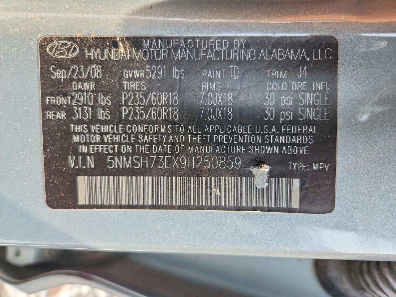 2009 Hyundai Santa Fe Se Blue vin: 5NMSH73EX9H250859