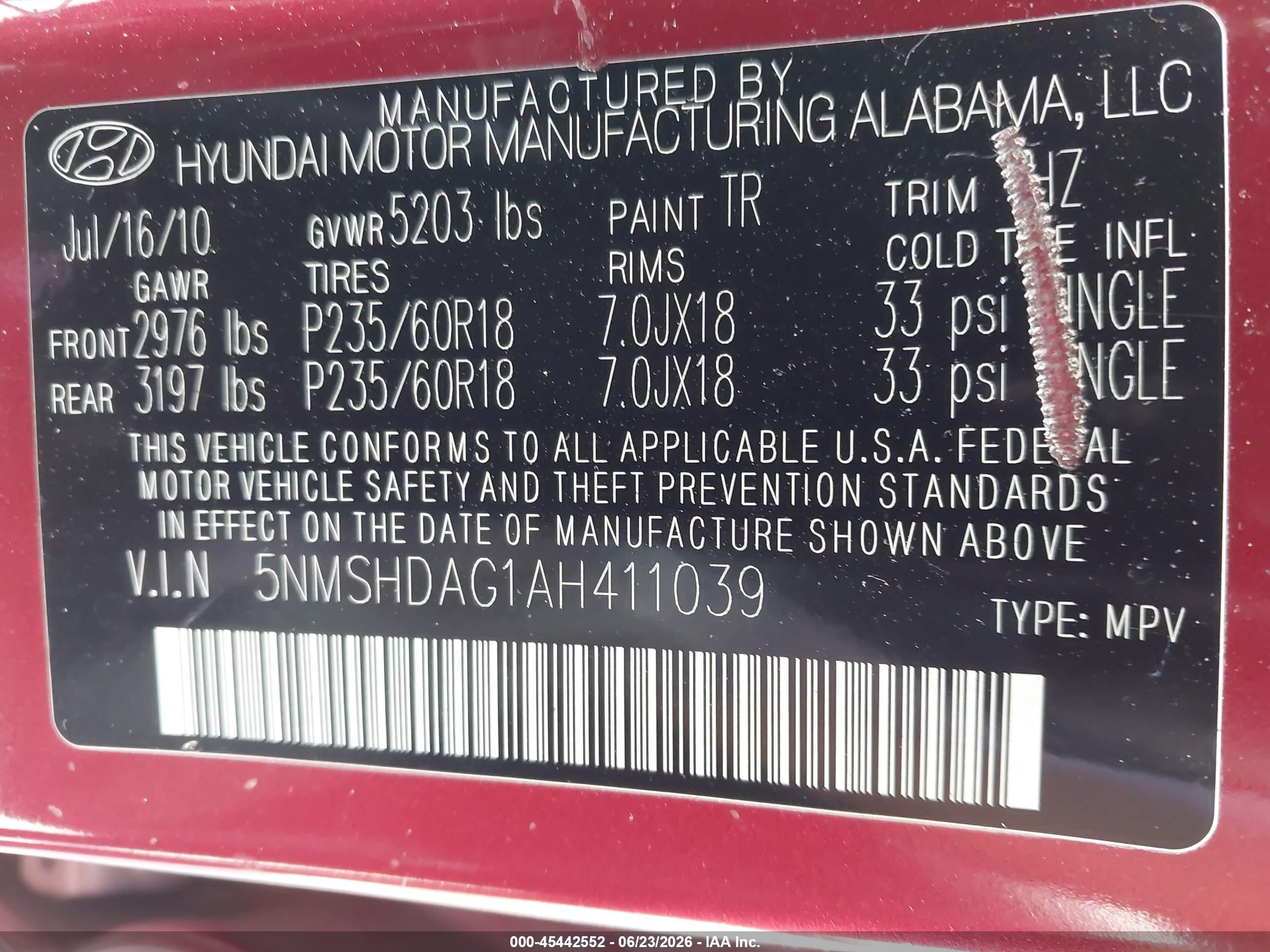 2010 Hyundai Santa Fe Se Red vin: 5NMSHDAG1AH411039