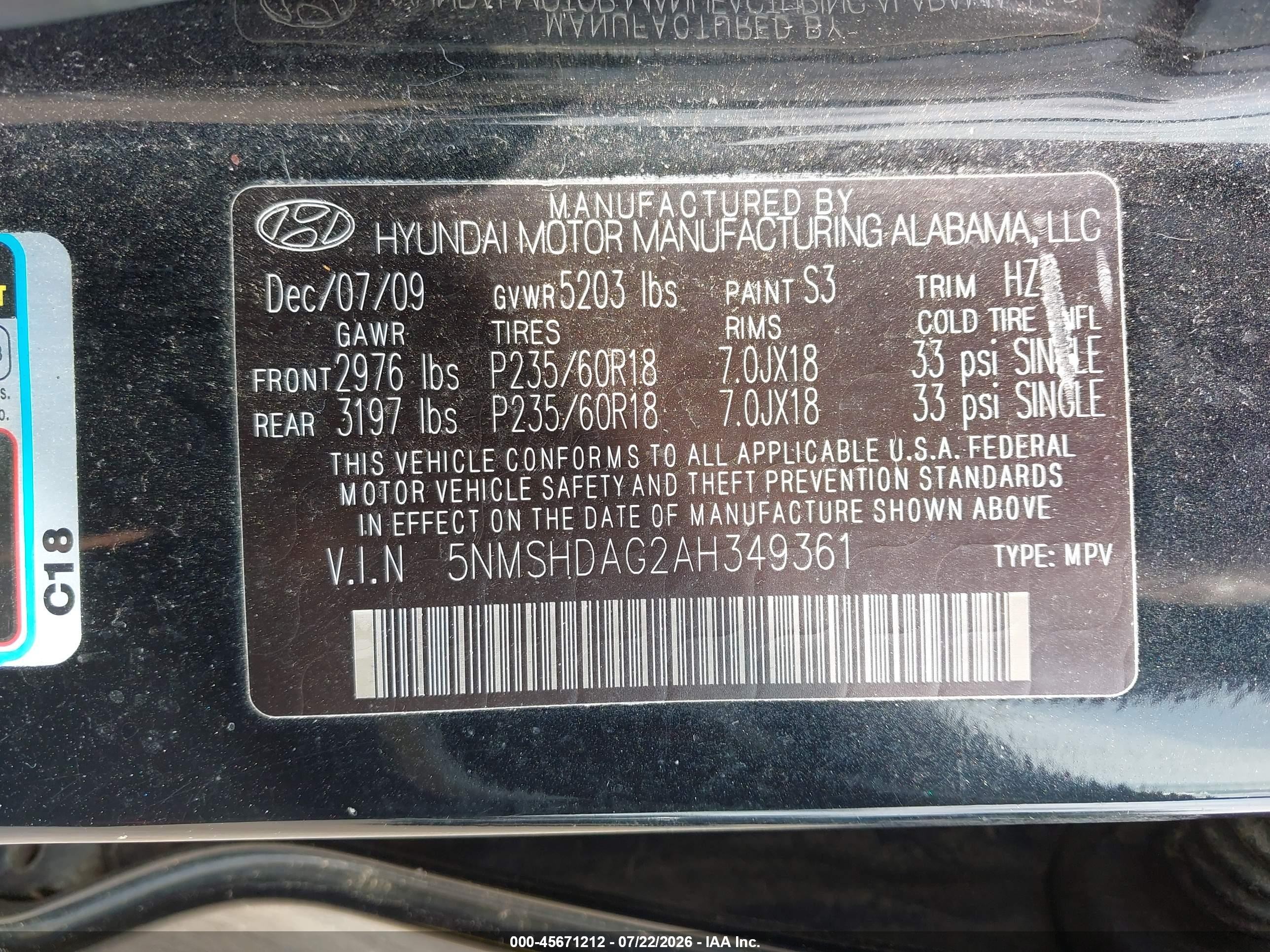 2010 Hyundai Santa Fe Se Black vin: 5NMSHDAG2AH349361