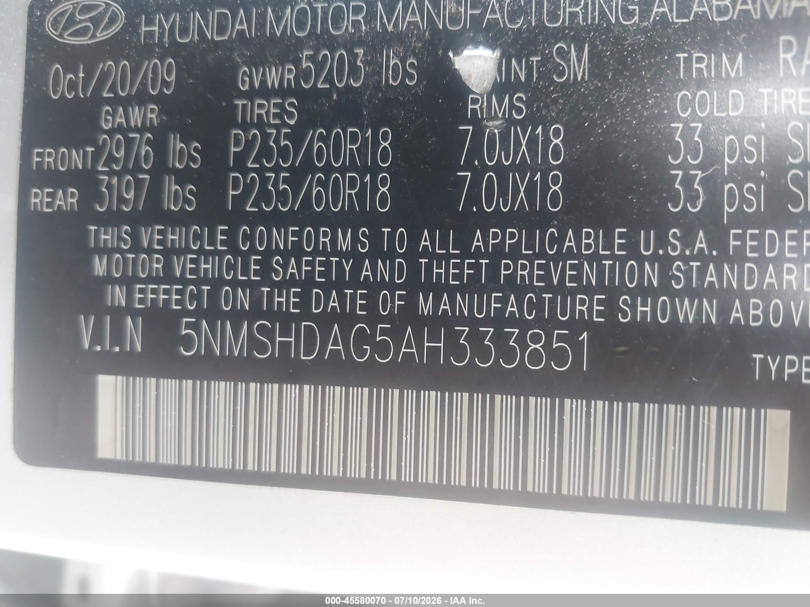2010 Hyundai Santa Fe Se Silver vin: 5NMSHDAG5AH333851