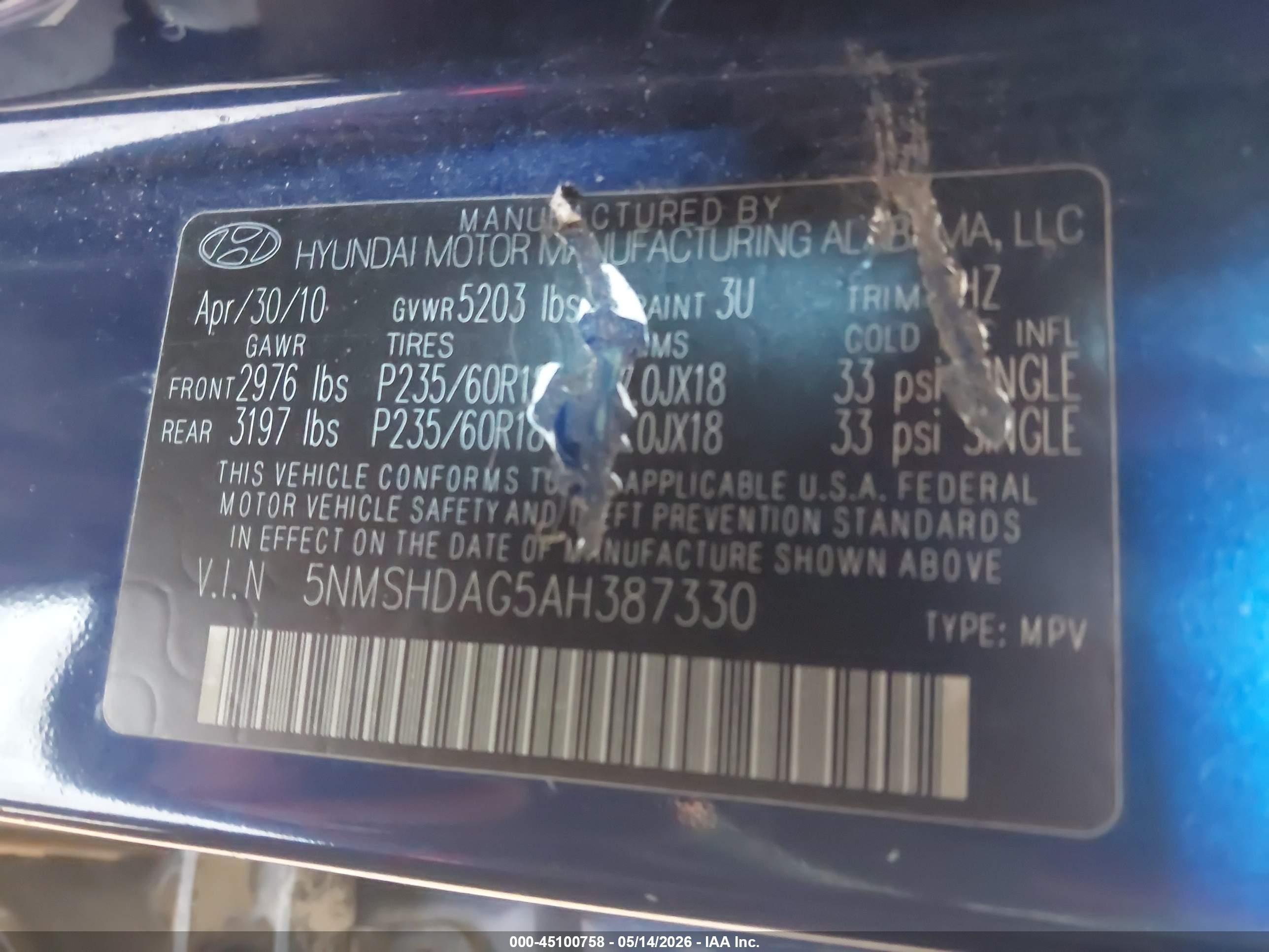 2010 Hyundai Santa Fe Se Blue vin: 5NMSHDAG5AH387330