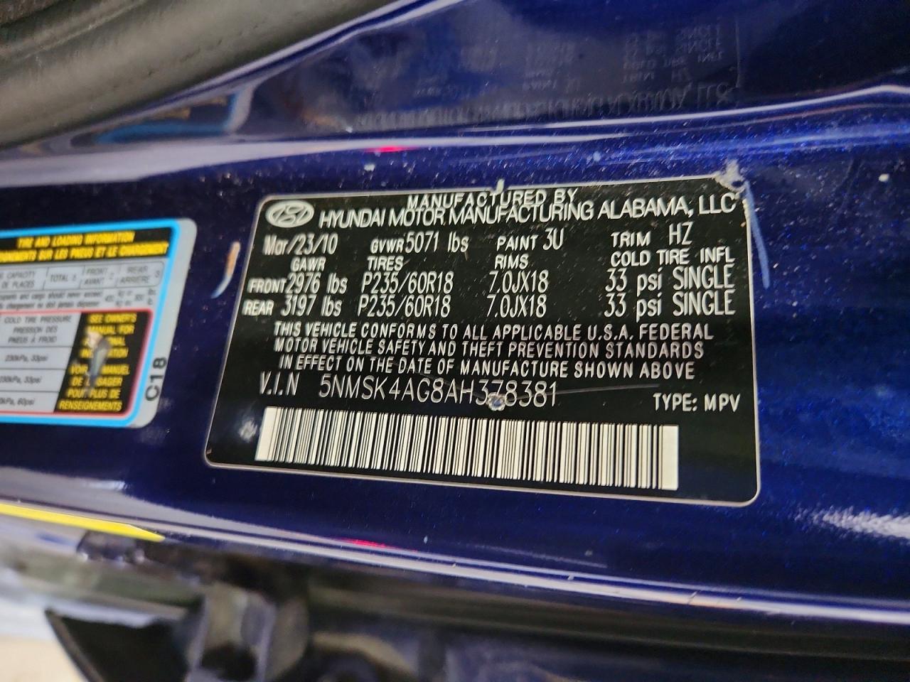 2010 Hyundai Santa Fe Limited Blue vin: 5NMSK4AG8AH378381