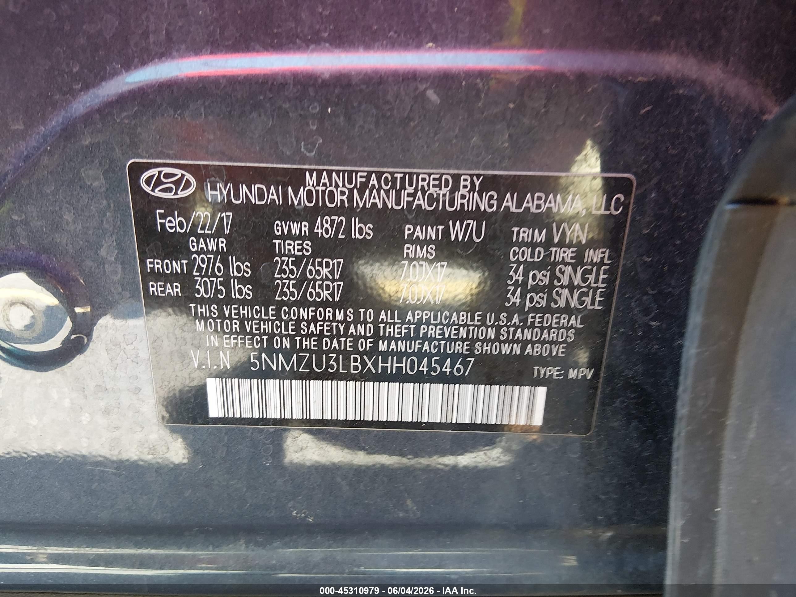 2017 Hyundai Santa Fe Sport 2.4l Blue vin: 5NMZU3LBXHH045467