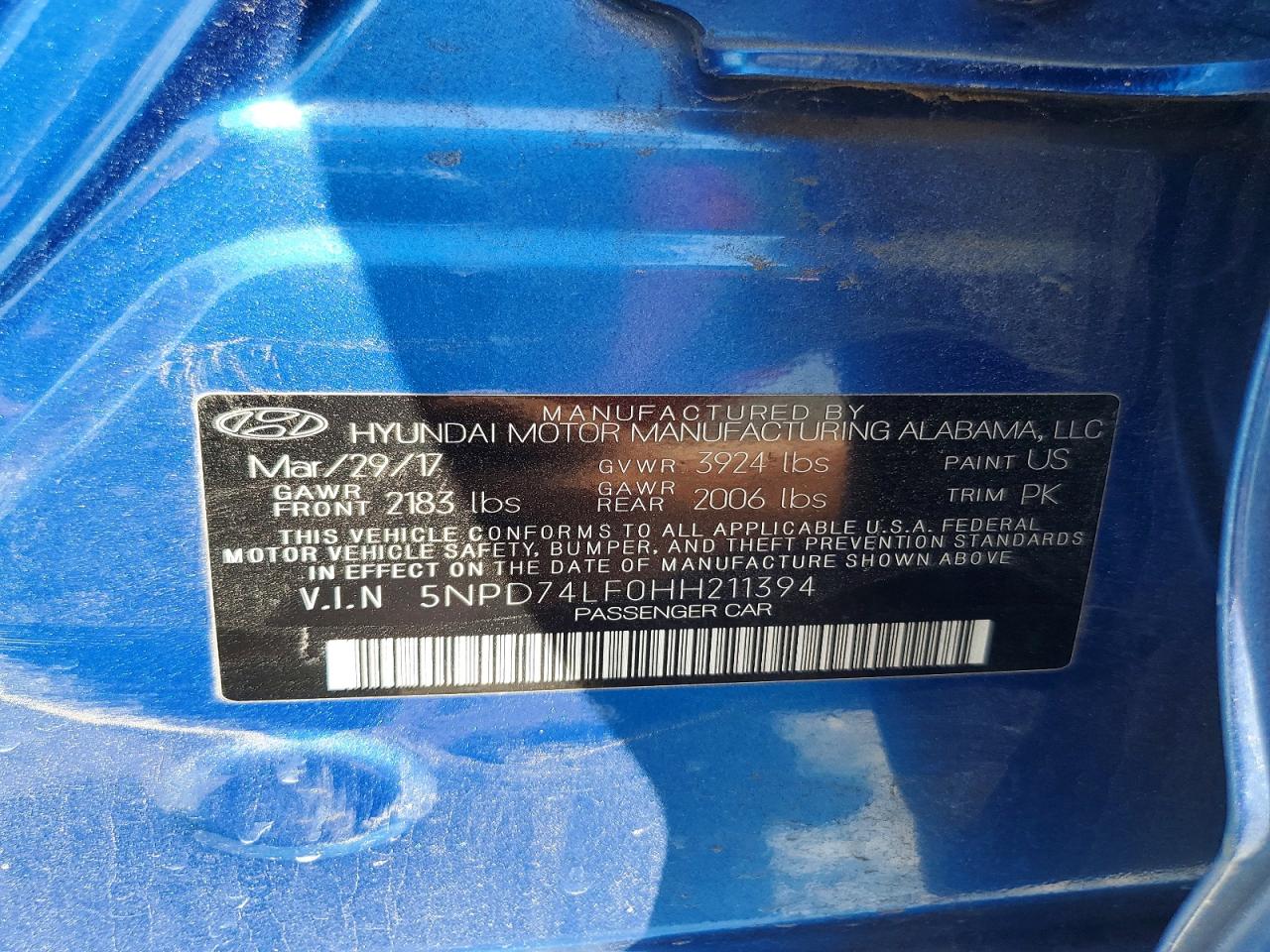 2017 Hyundai Elantra Se Blue vin: 5NPD74LF0HH211394