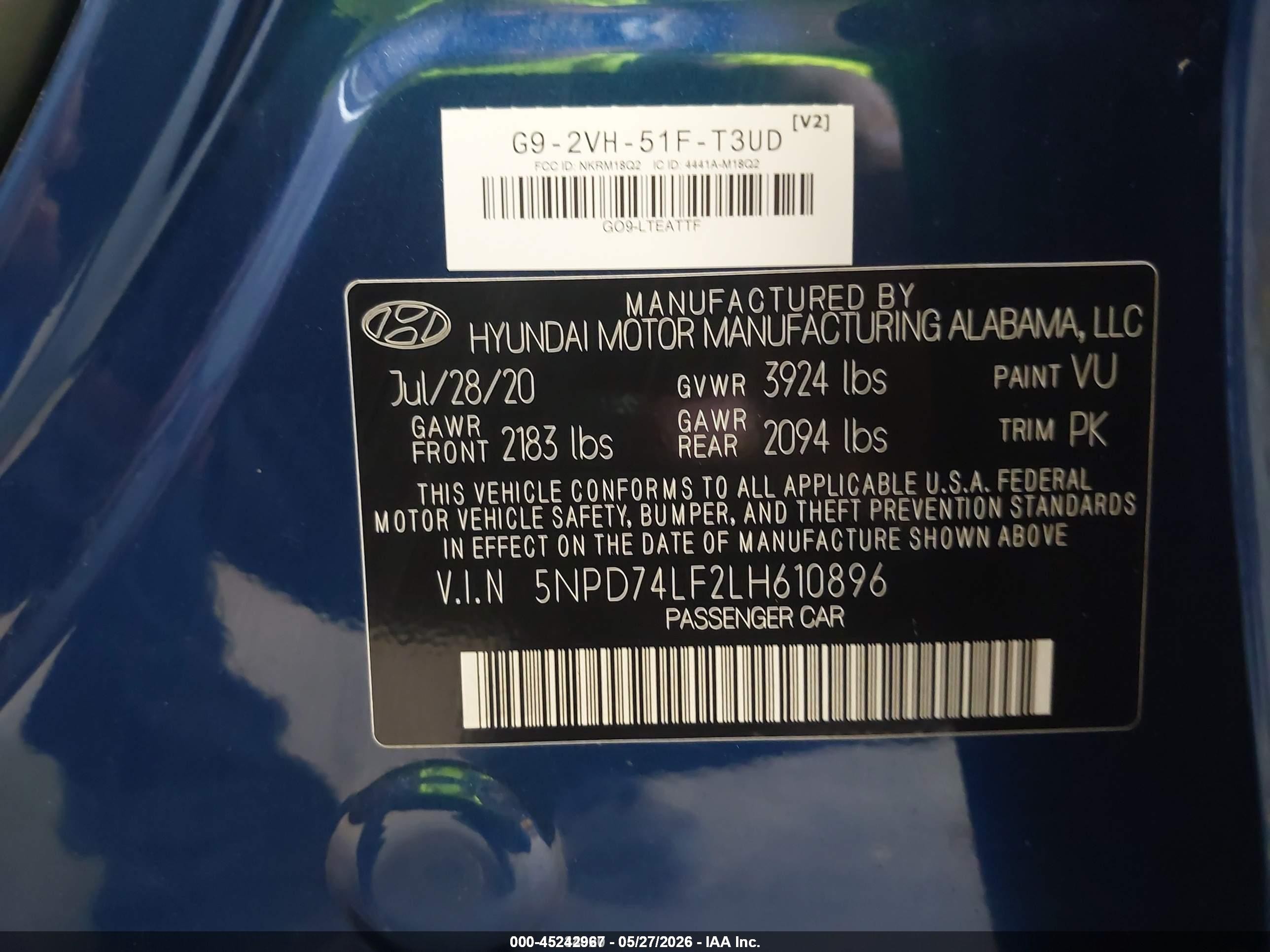 2020 Hyundai Elantra Se Blue vin: 5NPD74LF2LH610896
