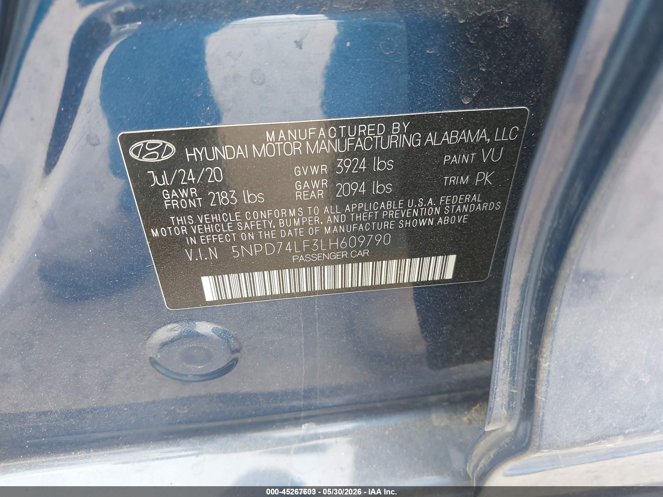 2020 Hyundai Elantra Se Blue vin: 5NPD74LF3LH609790