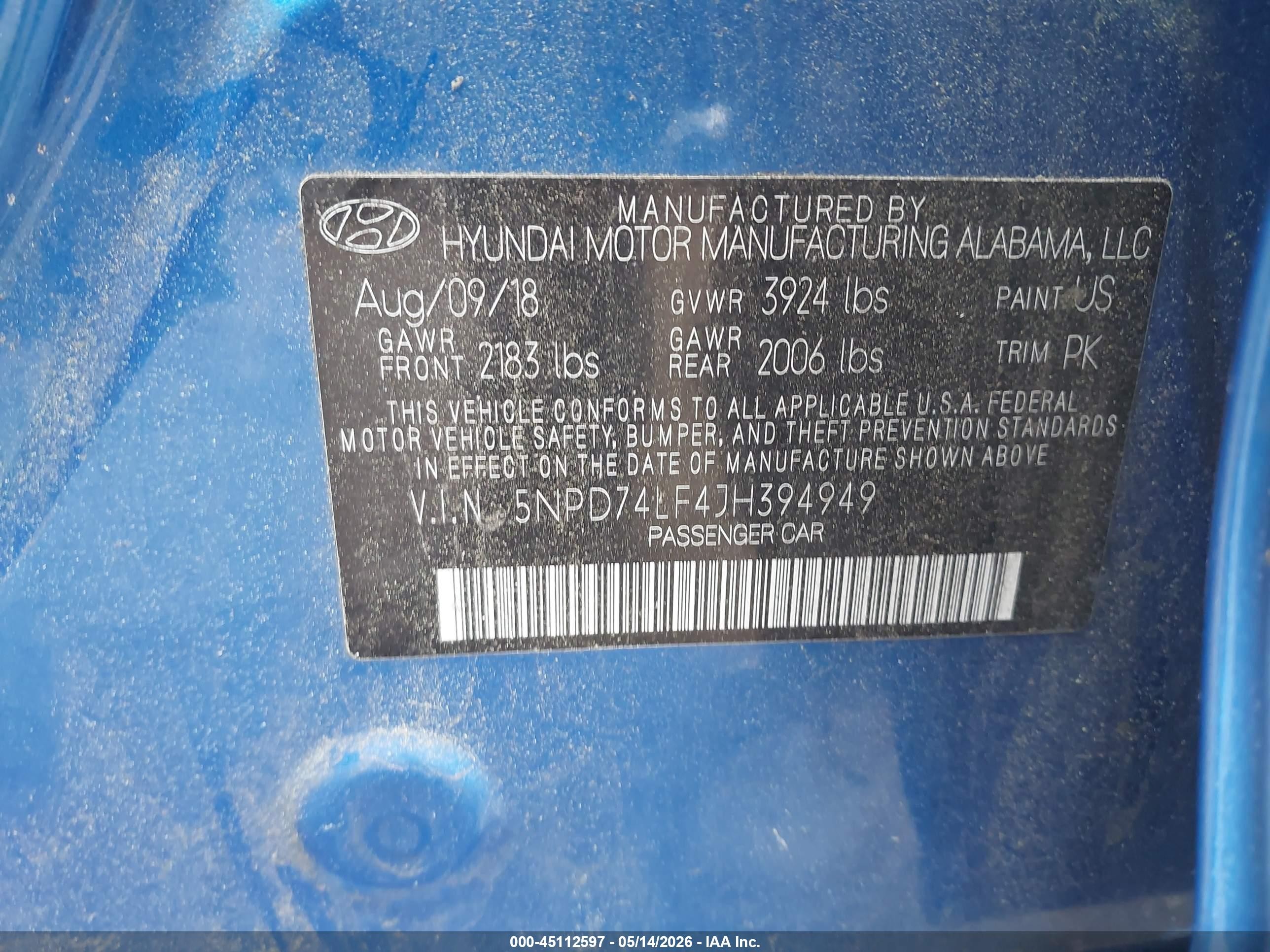 2018 Hyundai Elantra Se Dark Blue vin: 5NPD74LF4JH394949