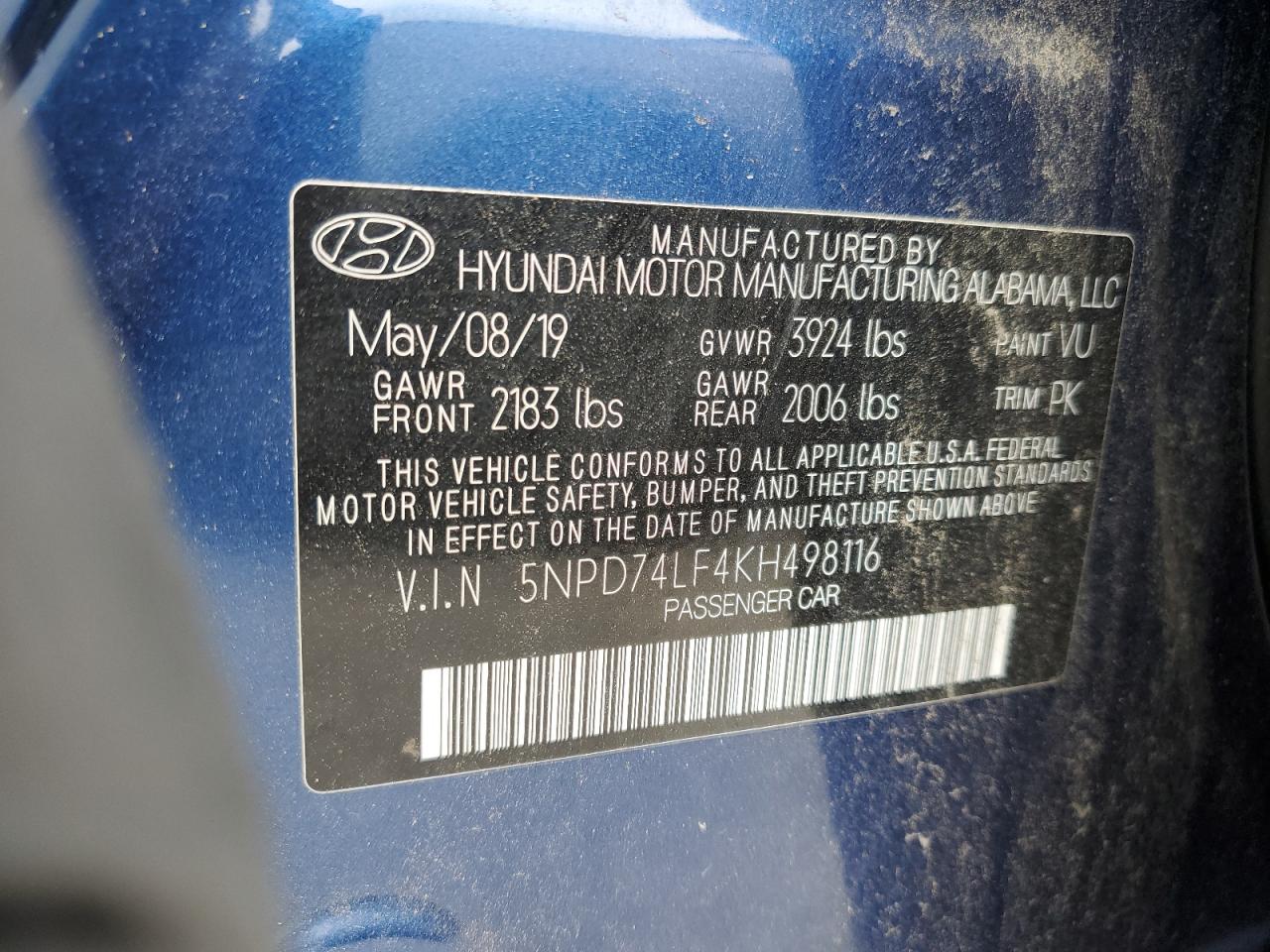 2019 Hyundai Elantra Se Синий vin: 5NPD74LF4KH498116