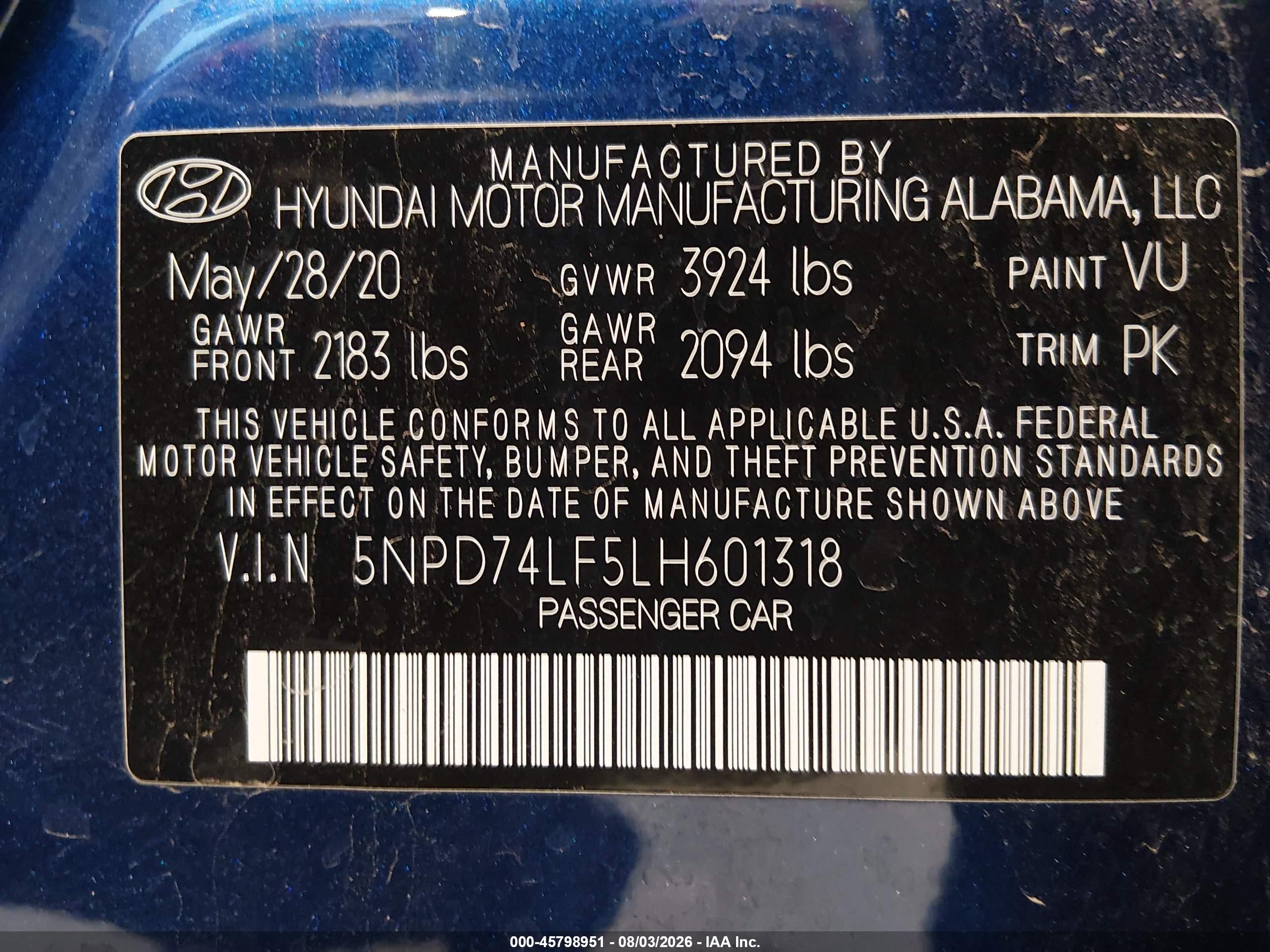 2020 Hyundai Elantra Se Blue vin: 5NPD74LF5LH601318