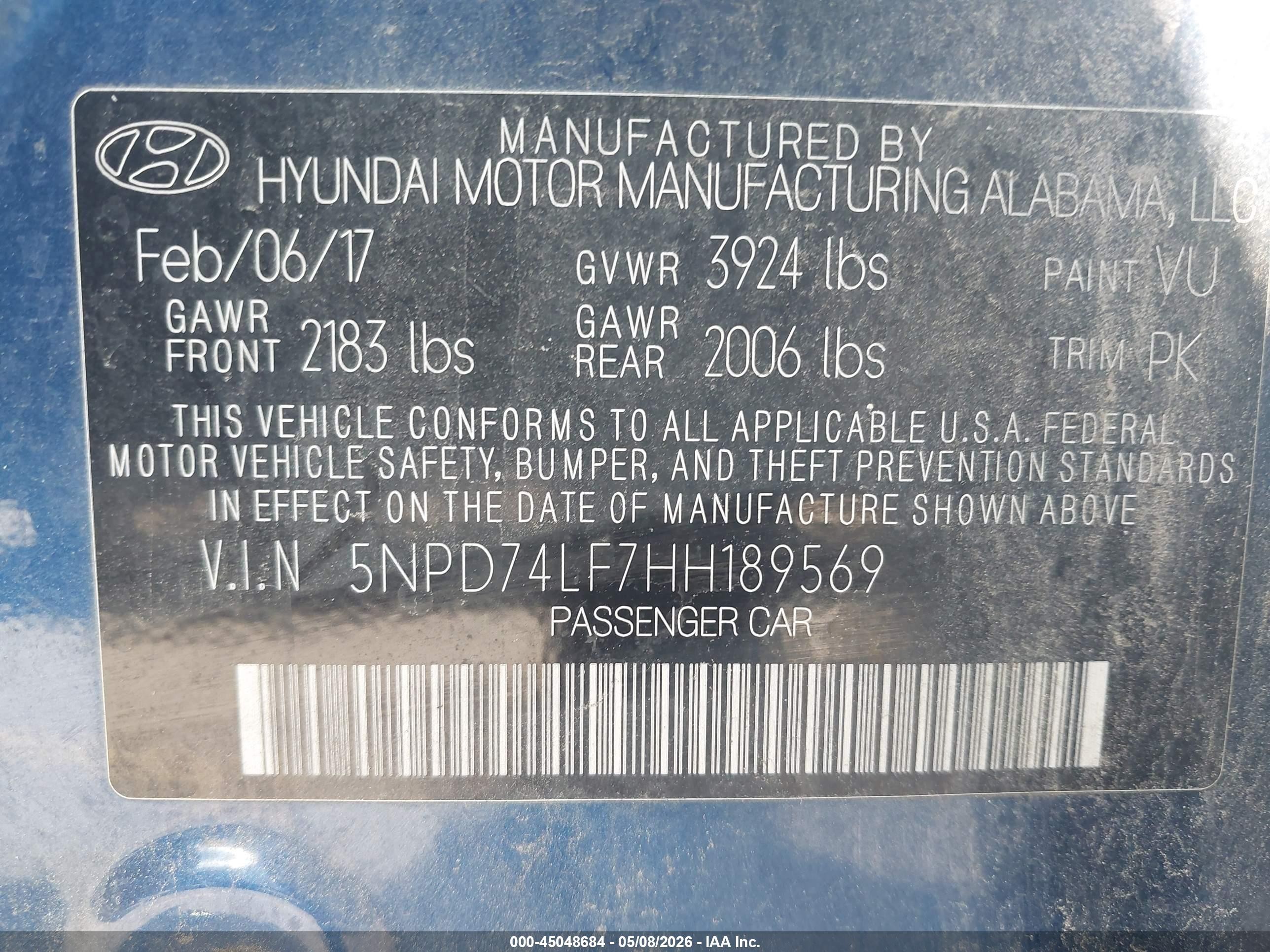 2017 Hyundai Elantra Se Blue vin: 5NPD74LF7HH189569