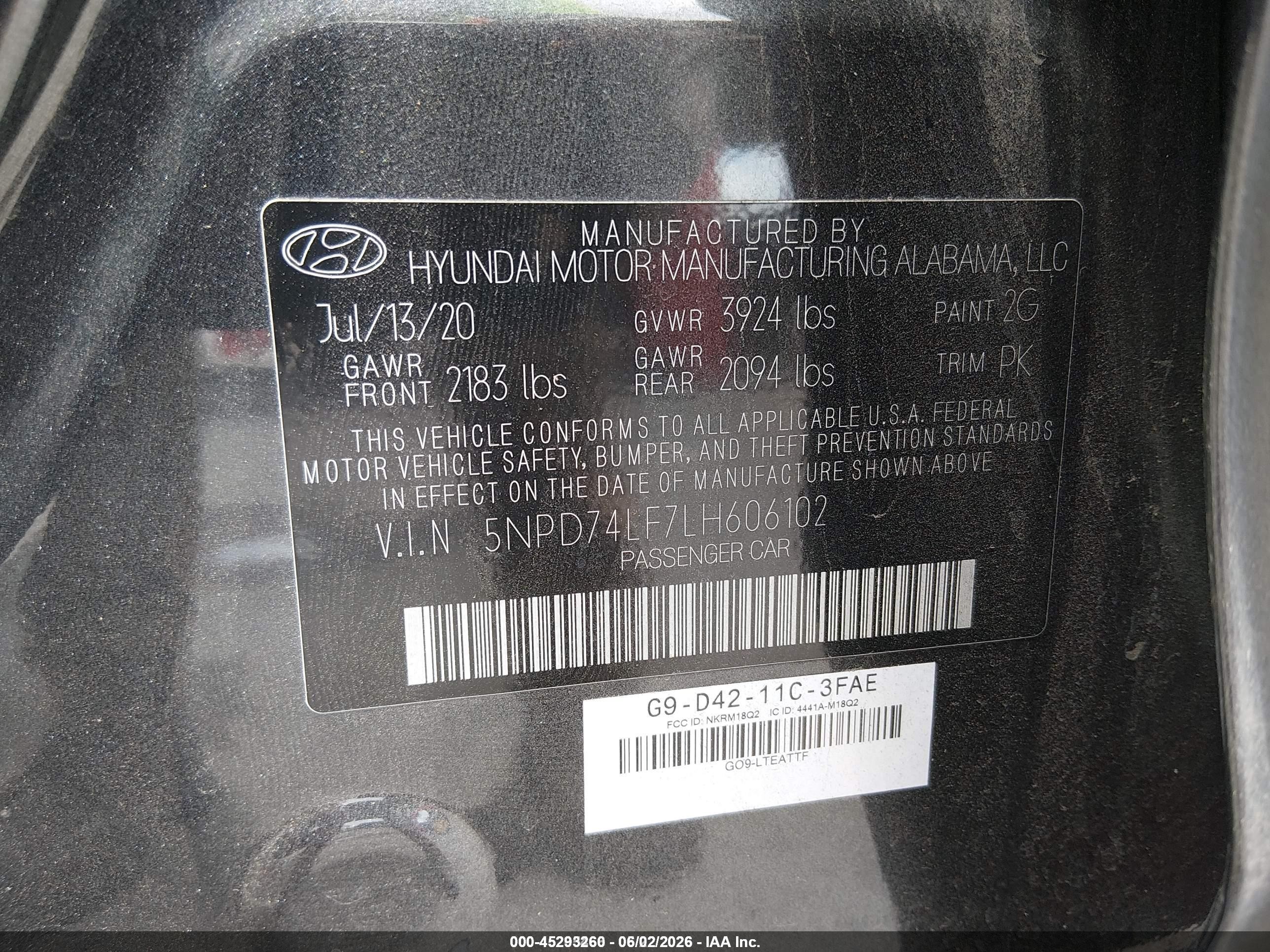 2020 Hyundai Elantra Se Black vin: 5NPD74LF7LH606102