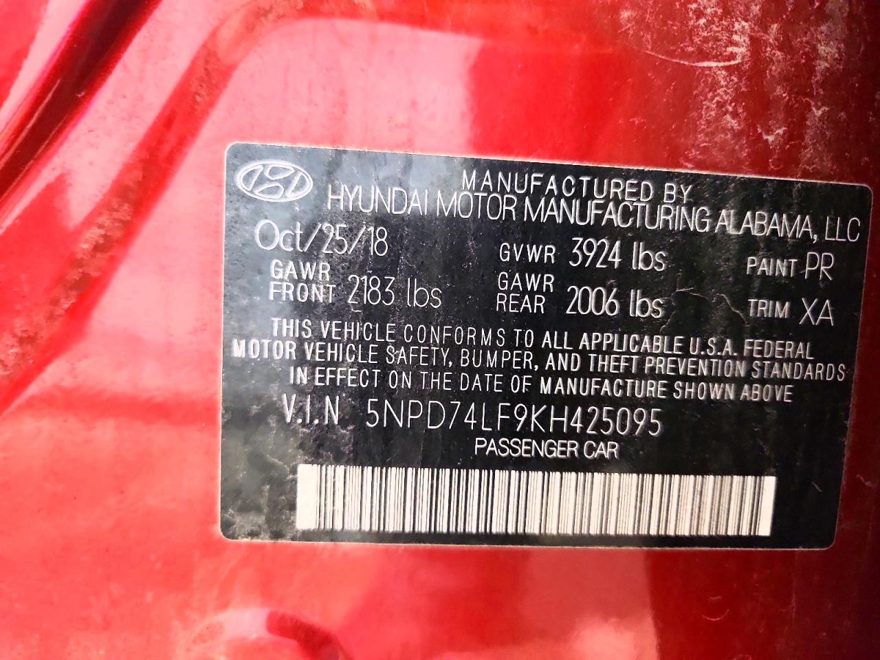 2019 Hyundai Elantra Se Red vin: 5NPD74LF9KH425095