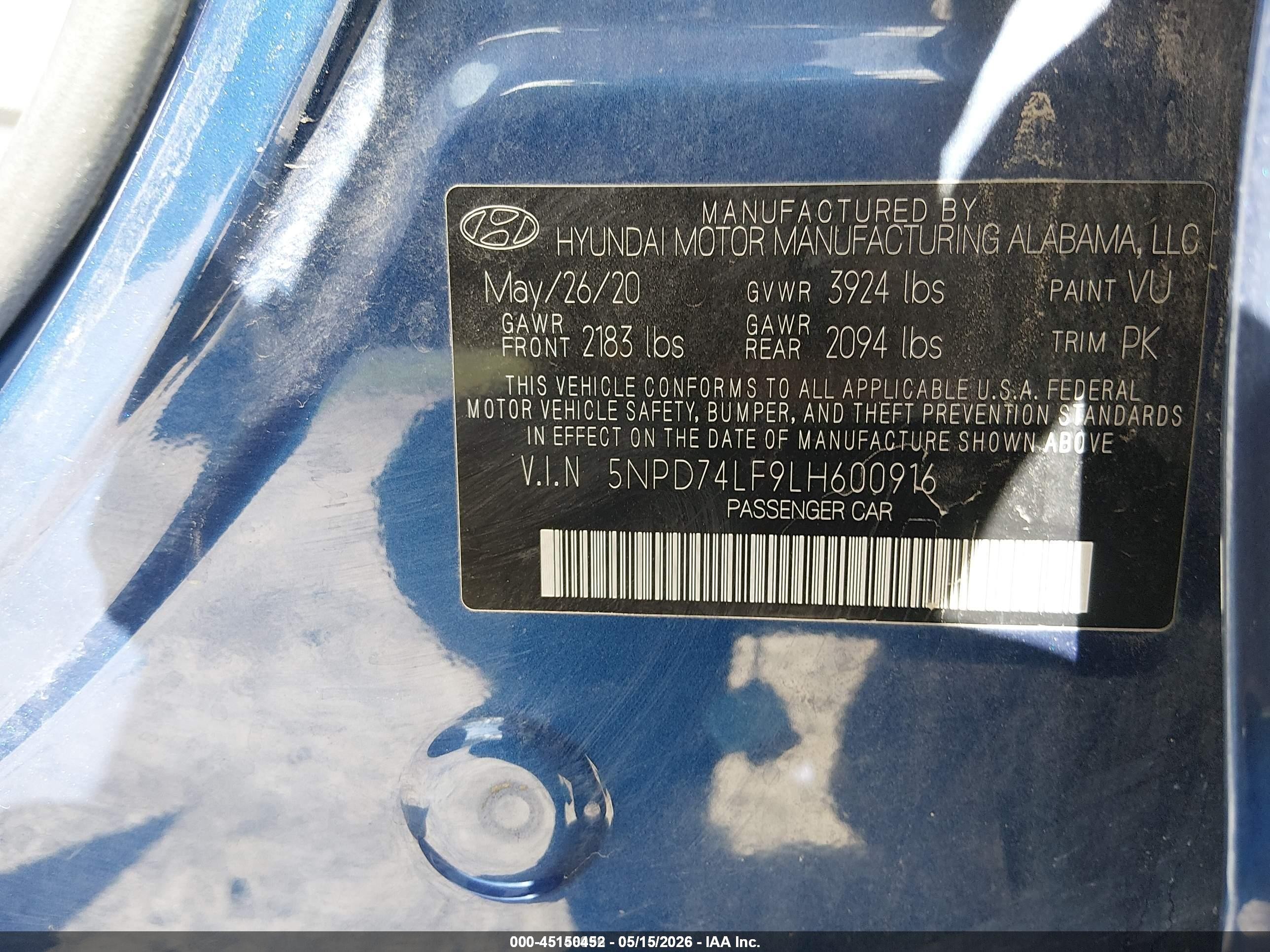 2020 Hyundai Elantra Se Blue vin: 5NPD74LF9LH600916