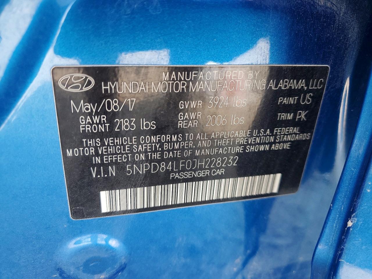 2018 Hyundai Elantra Sel Blue vin: 5NPD84LF0JH228232