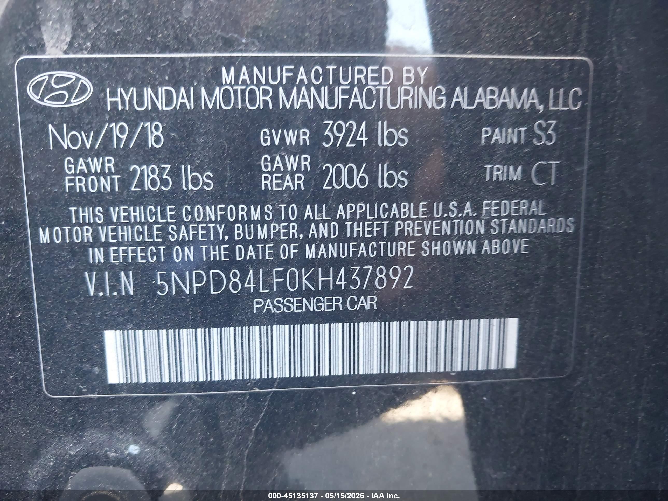 2019 Hyundai Elantra Sel Black vin: 5NPD84LF0KH437892