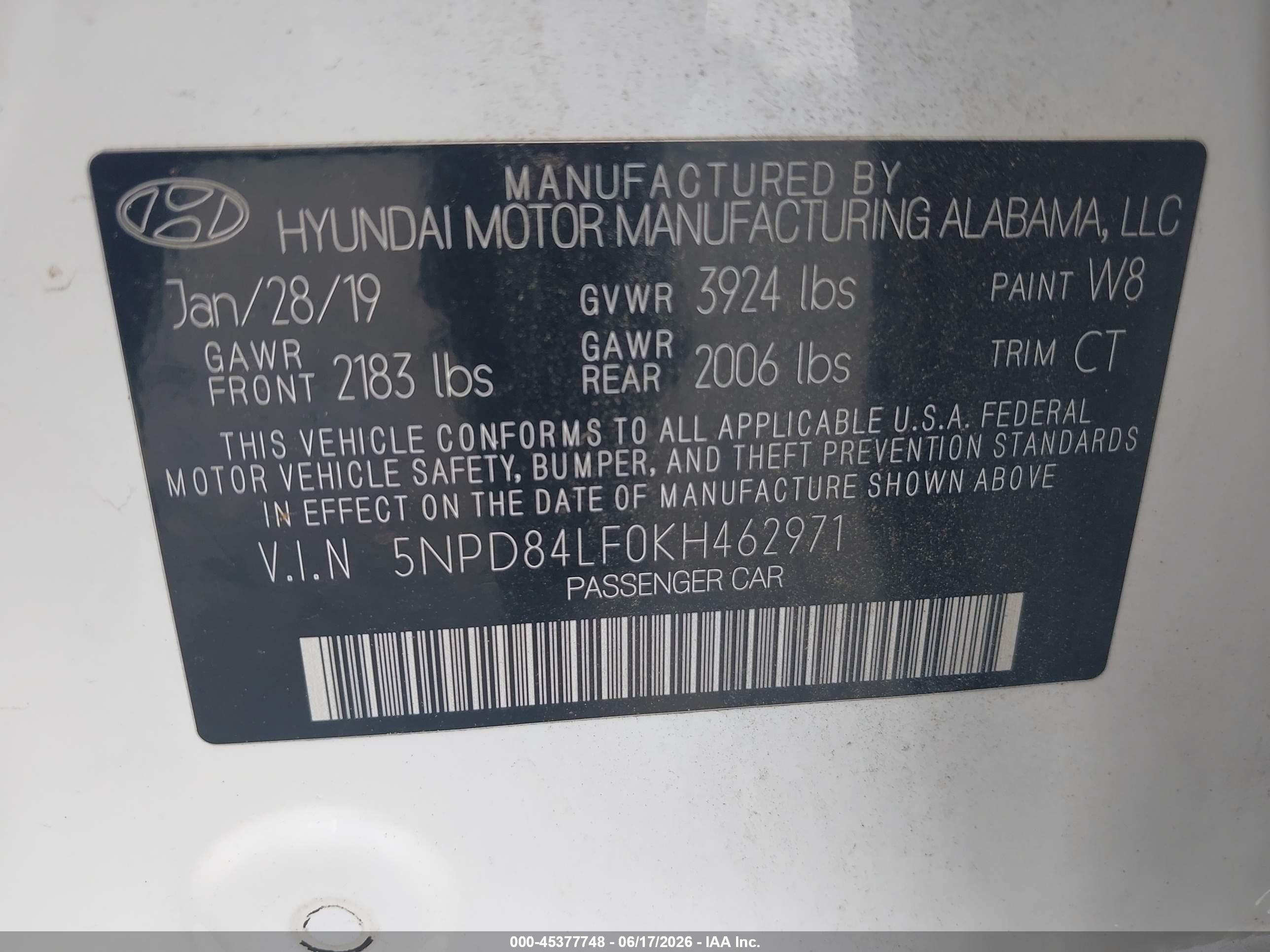 2019 Hyundai Elantra Sel White vin: 5NPD84LF0KH462971