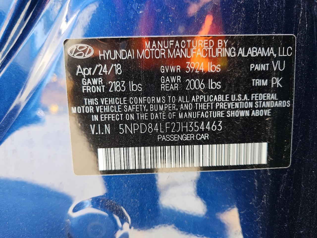 2018 Hyundai Elantra Sel Blue vin: 5NPD84LF2JH354463